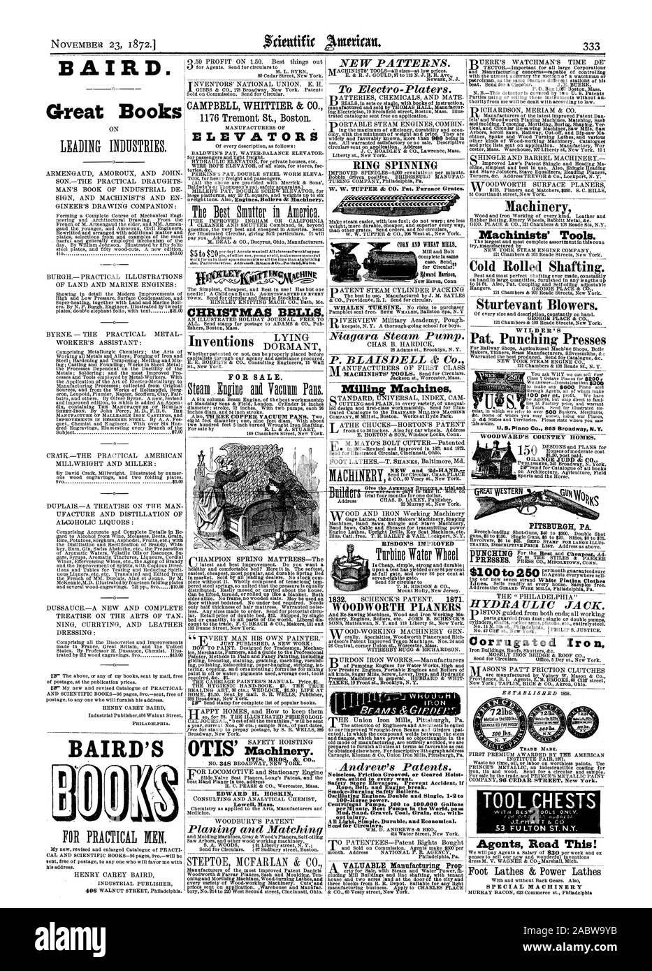 M.L. BYRN 80 Cedar Street New York. GIBBS & Co 178 Broadway New York. Patente auf Kommission. Für kreisförmige Senden. Hersteller von Aufzügen aller Art wie folgt: BALDWIN VON PAT. Wasser - BALANCE AUFZUG für Passagiere und Fracht. Hydraulischer Aufzug für private Häuser etc. SEIL AUFZUG aller Größen für Stores fac Tories & C. Die PERKINS PAT. Doppel STAHL WURM ELEVA Die einfachste Billigste und beste im Einsatz! Hat aber eine HINKLEY STRICKEN MACH. Co.Badewanne Me Christmas Bells. Eine bebilderte Urlaub Zeitschrift. Frei nach St. New York. Zum Verkauf. 169 Chambers Street New York. BAIRD Stockfoto