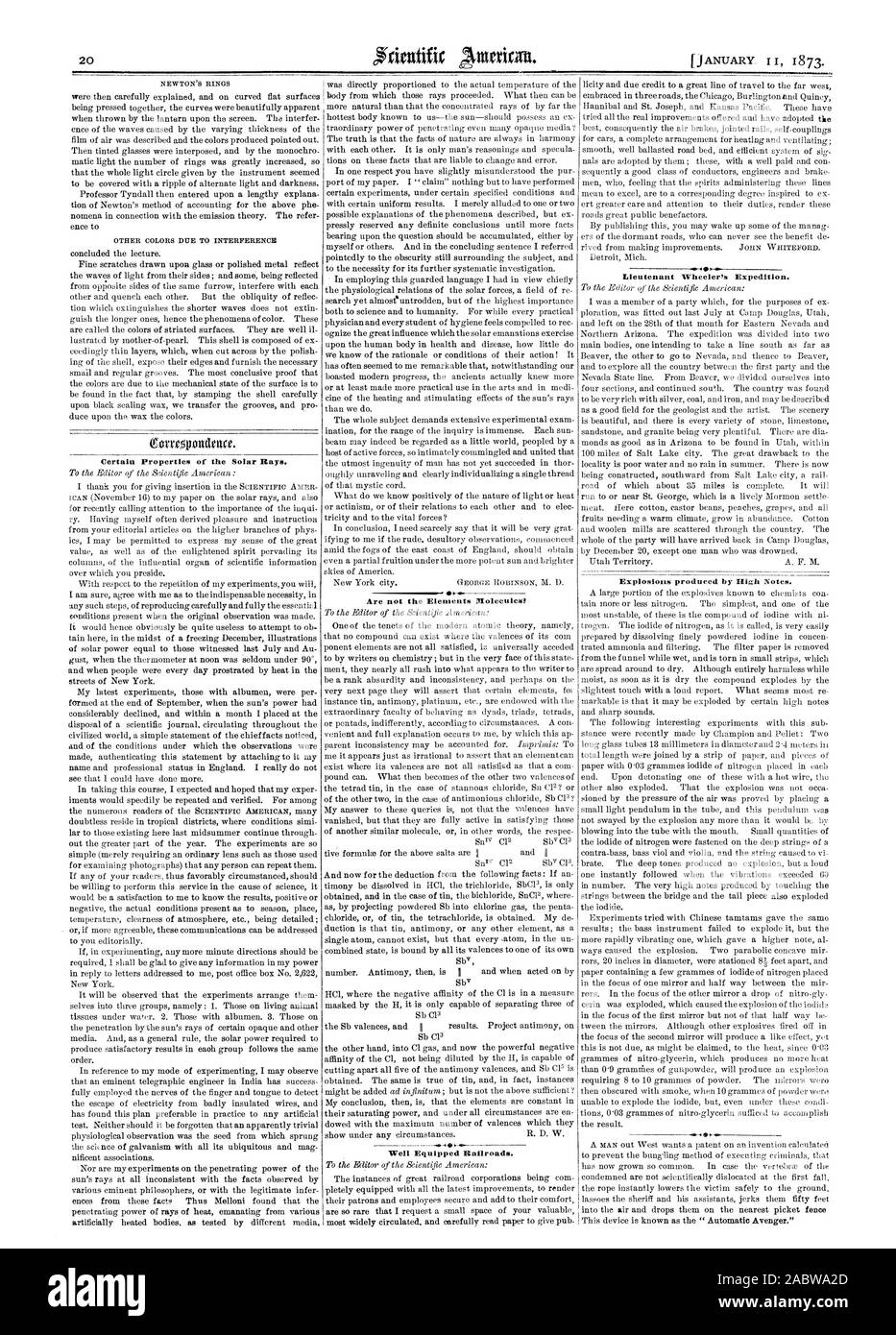 Bestimmte Eigenschaften der Sonnenstrahlen. Sind nicht die Elemente, Moleküle? Gut ausgestattete Eisenbahnen. Leutnant Wheeler's Expedition. Von Explosionen durch hohe Noten produziert., Scientific American, 1873-01-11 Stockfoto