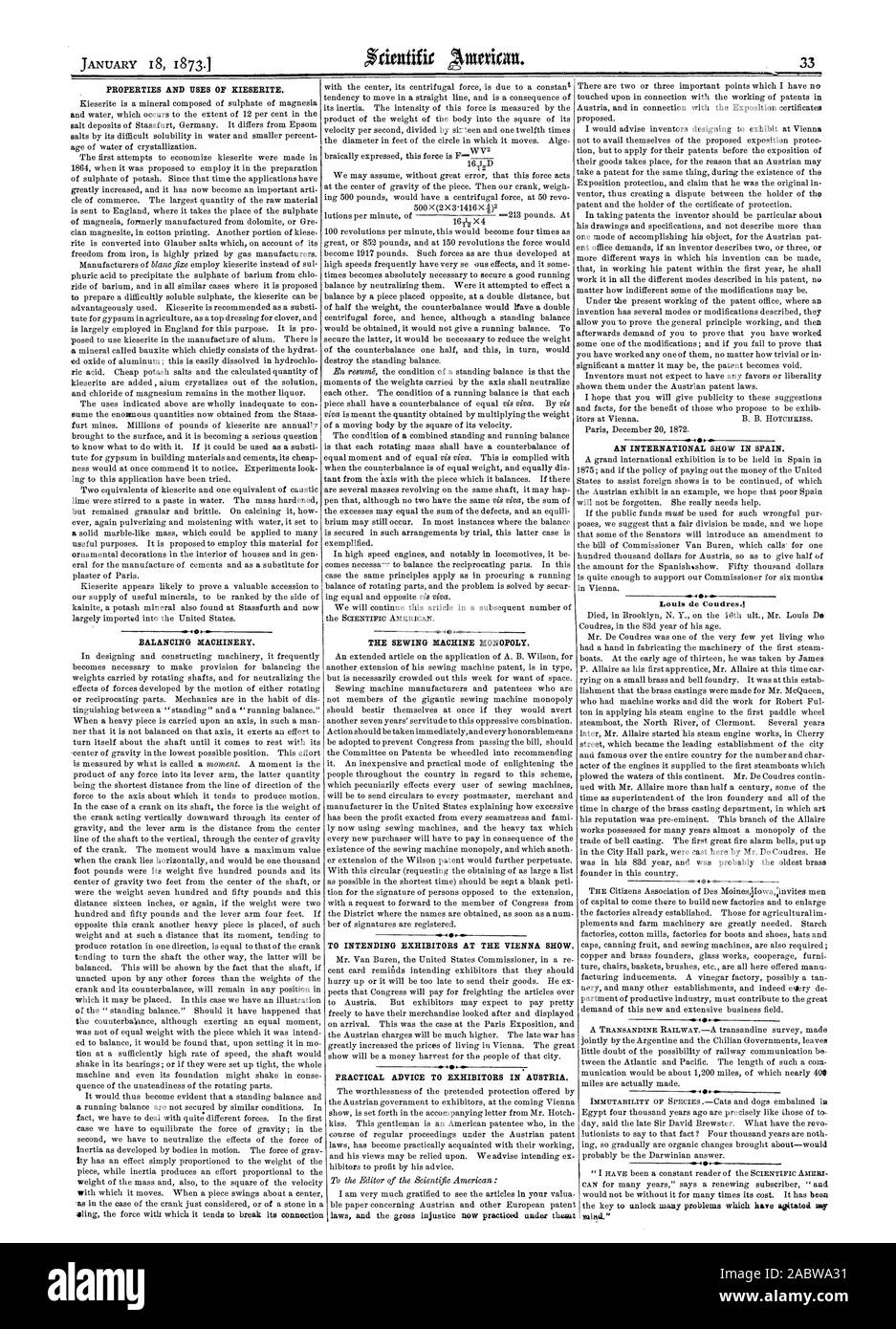 Eigenschaften und Verwendungen der XIESERITE. Auswuchten von Maschinen. Die NÄHMASCHINE MONOPOL. Sie beabsichtigen, den Ausstellern der Wien zeigen. Praktische Ratschläge zu den Ausstellern in Österreich. o. Eine internationale IN SPANIEN ANZEIGEN., Scientific American, 1873-01-18 Stockfoto