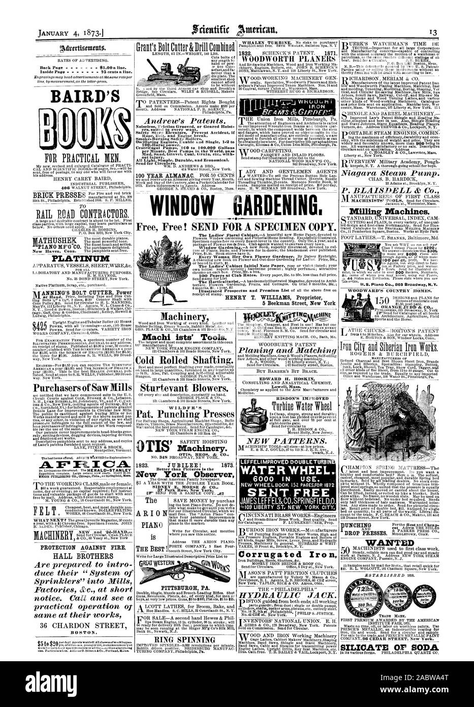 1873. Besser als Bilder ist der New York Observer SIDNEY E.MORSE dr CO. Der ARION PIAN ist Pittsburgh PA. Ringspinnen WOODWORTH PLANERN EDWARD H. GARCIA Lowell's Mass RISDON VERBESSERTE LEFFELIMPROVED DOUBLETURBIN WASSERRAD. 6000 in Gebrauch. Gesendet. Kostenlose q 9109 LIBERTY ST NEW YORK CITY. Wellblech hydraulischen Wagenheber. Fräsmaschinen. Stanz S. Plano Co 865 Broadway'S N.Y. WOODWARD LAND HÄUSER. INDOW Gartenarbeit. Frei Frei! Für ein Belegexemplar senden. HENRY T. WILLIAMS Inhaber 5 Beekman Street New York 72 lbs. VARRENTIMIF PAW, Scientific American, 1873-02-01 Stockfoto