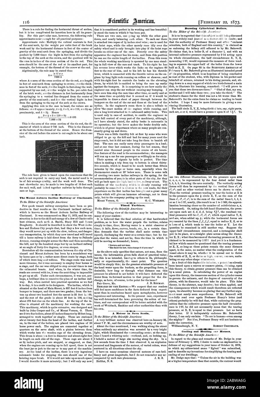 Die Mount Auburn Incline Railway von Cincinnati. 0. C.' WOOLSON. Zeitgesteuerte Turbinen. 4 ein Meteor in Nova Scotia. Bersten zylindrischen Kessel. Kühlung und Heizung unsere Häuser, Scientific American, 1873-02-22 Stockfoto