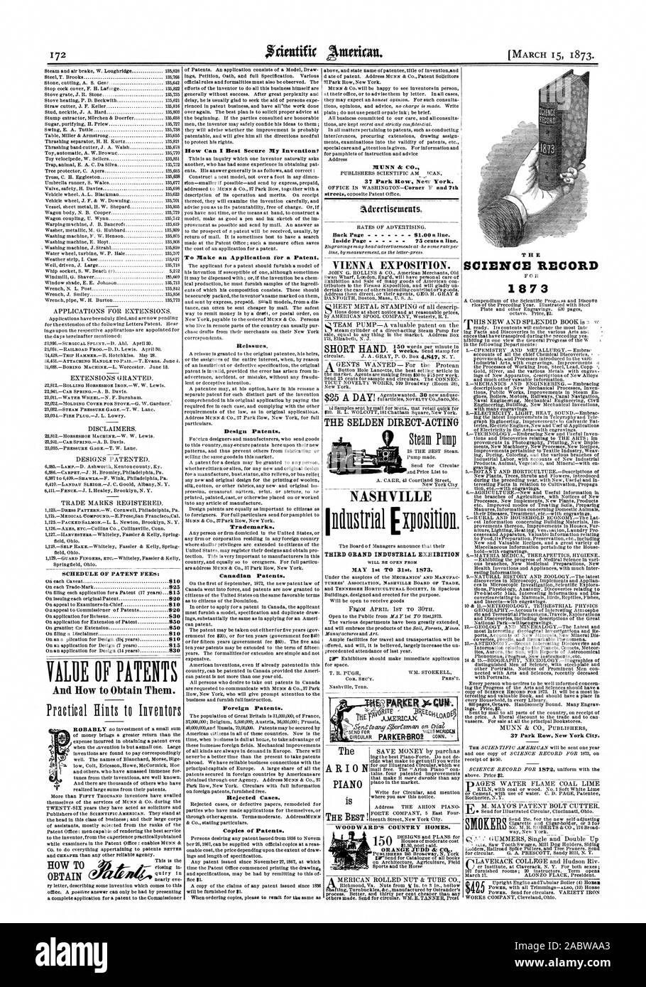 Zeitplan der PATENTGEBÜHREN; YAM VON PATENTEN UND Wie zu bekommen. "Wie kann ich meine Erfindung am besten sichern? Um eine Anmeldung für ein Patent. Neuausstellungen. Geschmacksmuster. Marken. Kanadische Patente. Ausländische Patente. Abgelehnt. Kopien von Patenten. 37 Park jetzt New York. Zurück Seite 81.00 eine Linie. Inside Seite 75 Cents pro Zeile. Wien Ausstellung. Die SELDEN DIREKT WIRKENDE NASHVILLE DRITTEN GRAND INDUSTRIELLE AUSSTELLUNG MAI 1. BIS 31 Wissenschaft 1873 Datensatz 37 Park Row New York City. ARION PIAN ist das Beste! Der WOODWARD LAND HÄUSER. ORANGE JUDD &, Scientific American, 73-03-15 Stockfoto