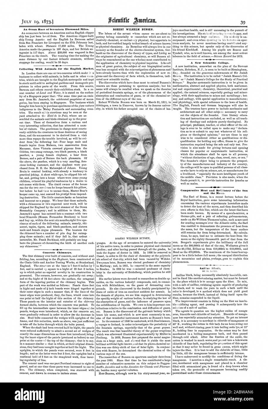 Eine Ocean Race von 17 Tausend Meilen. Sammeln von wilden Tieren, die für den englischen Markt. 410 41 Beton Schornsteine. ROBERT WILHELM BUNSEN. Eine neue Wissenschaftliche Hochschule. IMP vergleichende Fleisch und der Glanz der Sonne und des Mondes. Anilin Schwarz., Scientific American, 1873-07-19 Stockfoto