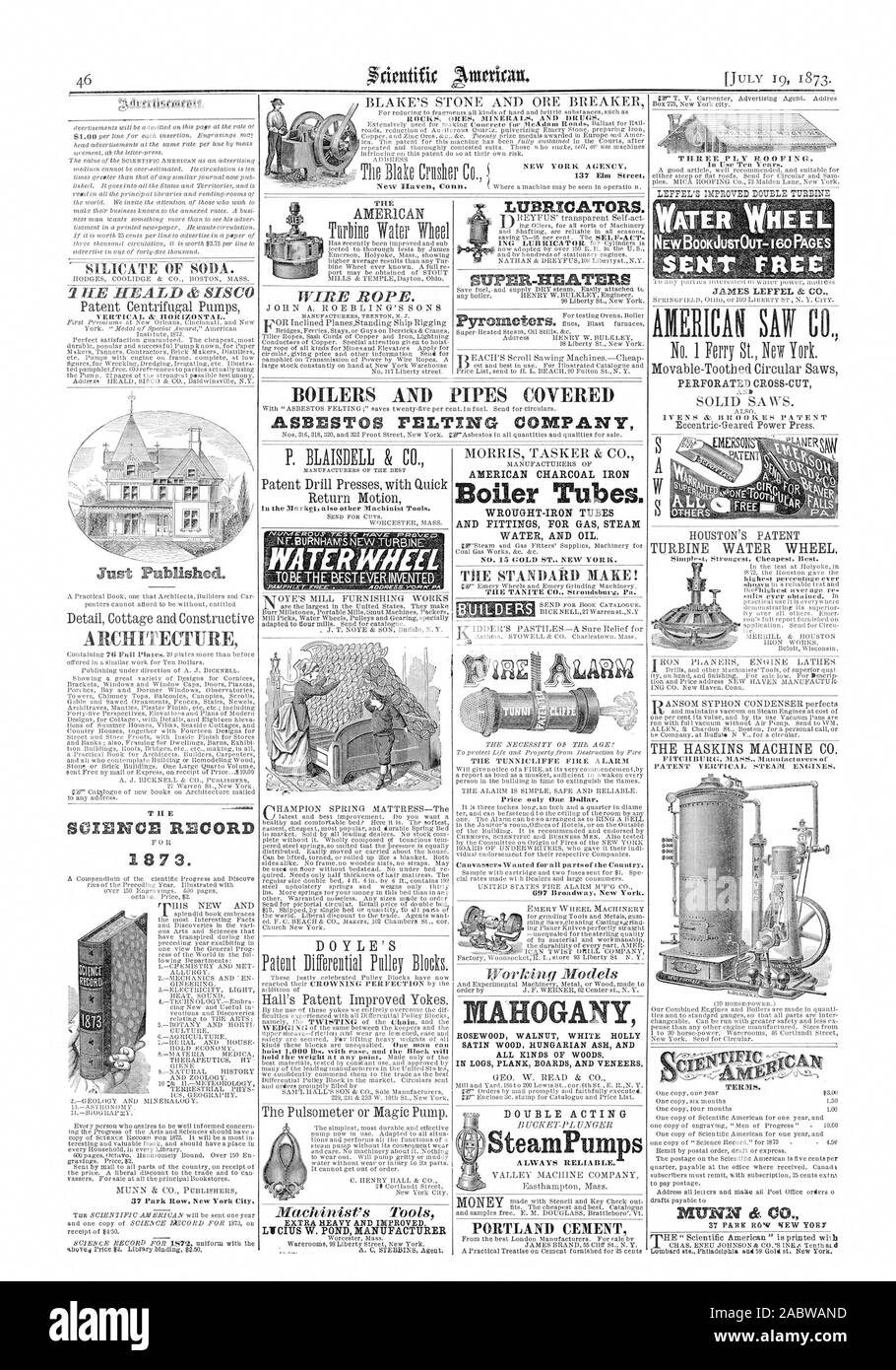 Das WASSERRAD EXTRA SCHWERE UND IRPROVED. LICIUS W. TEICH HERSTELLER ÖLER. SUPER-Heizungen AMERIKANISCHE KOHLE BÜGELEISEN Kesselrohre. Schmiedeeiserne Rohre und Armaturen für Gas, Dampf WASSER UND ÖL. Mahagoni GELOCHTEN CROSS-CUT. MUNN&C gerade veröffentlicht. Wissenschaft aufnehmen 1 8 7 3. 873 PALISANDER NUSSBAUM WEISS HOLLY SATIN HOLZ UNGARISCHEN ESCHE UND ALLE ARTEN VON HOLZ IN LOGS FLANKE BOARDS UND FURNIERE. Doppelt wirkende WASSER RAD Neue BOOKJUSTOUT-160 Seiten scull MCC ASBEST FILZEN, Scientific American, 1873-07-19 Stockfoto