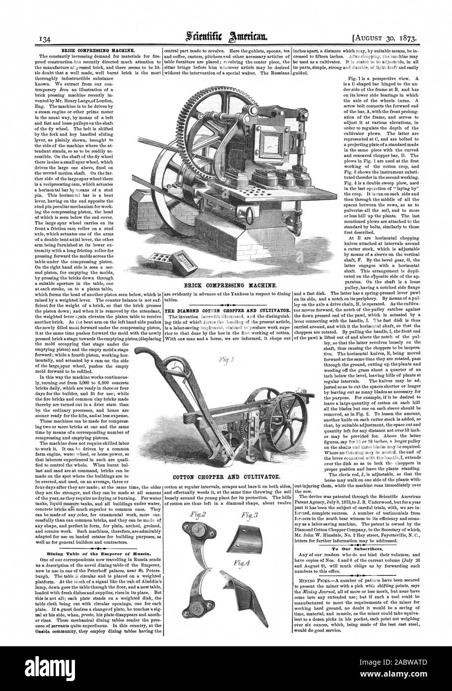 BRICK KOMPRIMIEREN MASCHINE. Die ständig zunehmende Nachfrage nach Materialien für die feuerfesten Konstruktion hat vor Kurzem viel Aufmerksamkeit auf die Herstellung von gepressten Ziegel geleitet und es scheint lit tle Zweifel daran, dass ein gut gemacht gut gebrannte Ziegel ist das gänzlich unverwüstlich Substanz bekannt sein. Extrahieren wir aus unserem con vorübergehenden von einer Abbildung eines Ziegelstein Maschine vor kurzem Drücken in Belüfteten von Herrn Henry Largeof London Eng. Die Maschine ist durch eine Dampfmaschine oder Andere prime Motor in gewohnter Weise über einen Riemen angetrieben werden und schnell und lose Riemenscheibe auf die Welle der Fly Wheel. Die Stockfoto