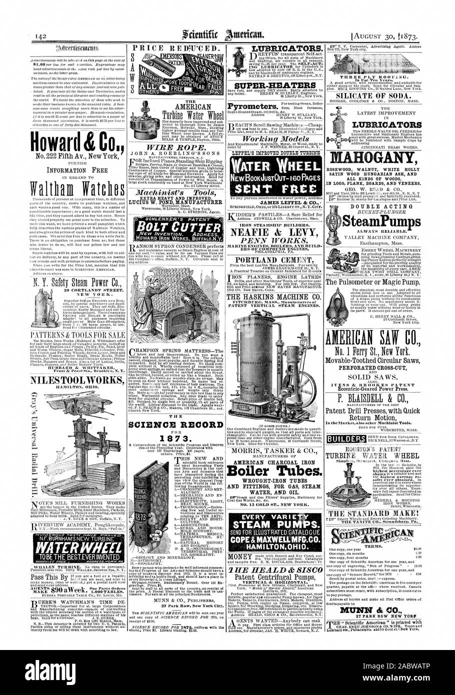 Wasser RAD AGENTEN DRAHTSEIL. Der Maschinist Tools EXTRA SCHWERE UND VERBESSERT. LUCIUS W. TEICH HERSTELLER WISSENSCHAFT AUFNEHMEN 1 8 7 3. FITCHBURG MASSE. Hersteller von PATENT VERTIKALE DAMPFMASCHINEN. Amerikanische KOHLE BÜGELEISEN Kesselrohre. Schmiedeeiserne Rohre und Armaturen für Gas, Dampf WASSER UND ÖL. Nr. 15 GOLD ST NEW YORK. Jede Vielzahl DAMPF PUMPEN. COPE & MAXWELL WIFO. CO. HAMILTONOH 3. 1. FIE HEALD & SISC im Jahre erzählen. Mahagoni NUSSBAUM WEISS HOLLY SATIN HOLZ UNGARISCHEN ESCHE UND ALLE RINDEN VON HOLZ. IN DEN LOGS PLANK BOARDS UND FURNIERE. Doppelwirkende SCHAUFEL - KOLBEN SteamPumps immer zuverlässig. Stockfoto