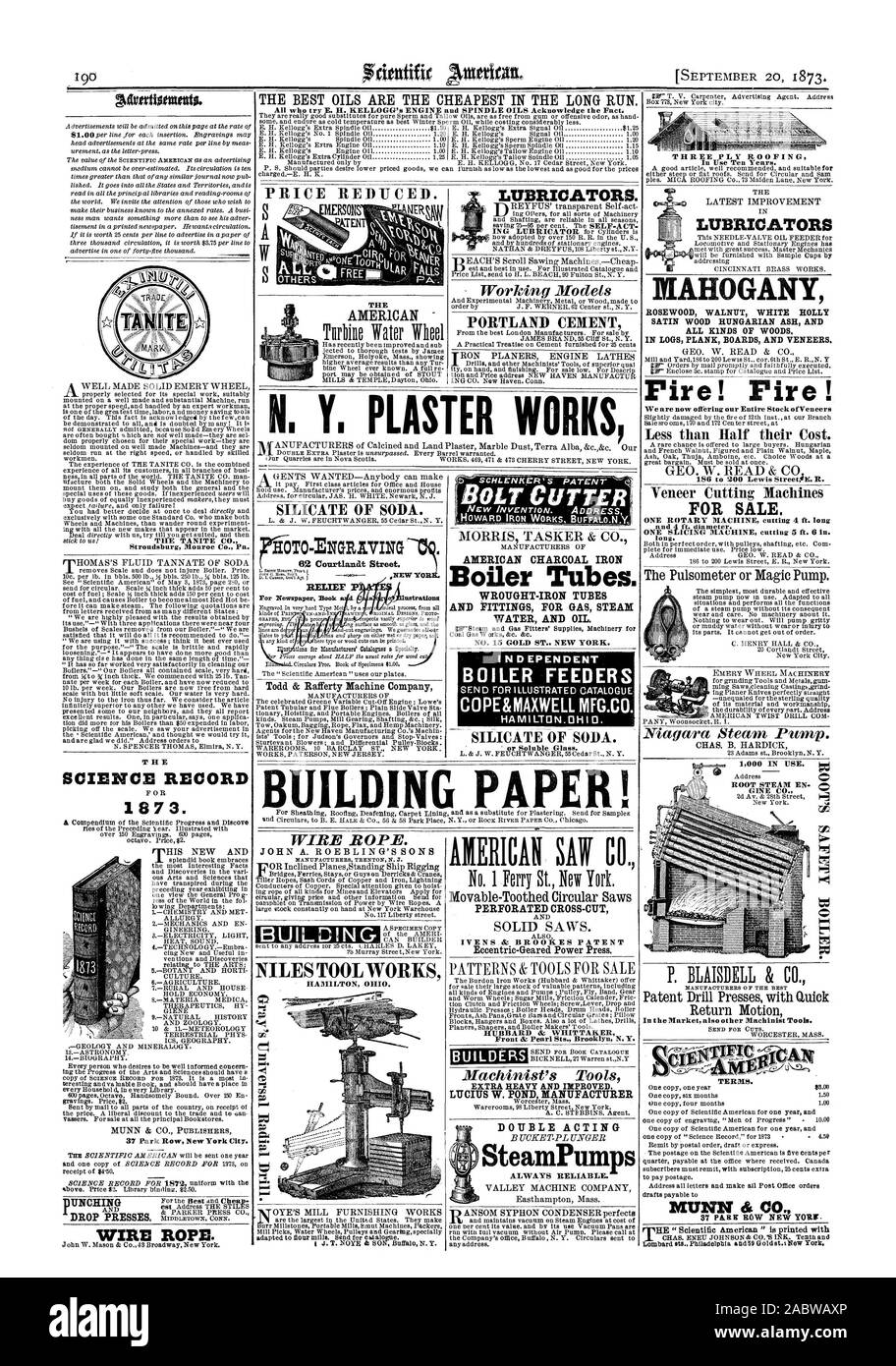 Die besten Öle sind die billigsten LANGFRISTIG. Alle, die versuchen, E. H. Kellogg's Motor und Spindel ÖLE anerkennen die Tatsache. Der PORTLANDZEMENT SCHLENKER DIE PATENT BOLZENSCHNEIDER HOTO - ENGRATING GEBÄUDE PAPIER! Drahtseil. Öler MAHAGONI ALLE ARTEN VON WALD. IN DEN LOGS PLANK BOARDS UND FURNIERE. Feuer! Feuer! Ab sofort bieten wir unseren gesamten Vorrat ofVeneers 186 bis 200 Lewis StreetpE. R. ZUM VERKAUF. Eine rotierende Maschine schneiden 4 Fuß lang und 4 Fuß Durchmesser. Eine AUFSCHNITTMASCHINE Schneiden 5 ft. 6 in. Druckbegrenzungsventil P Todd & Rafferty Machine Company 1000 in Gebrauch. ROOT DAMPF EN GINE CO ÖLER. Silikat von Limo Stockfoto