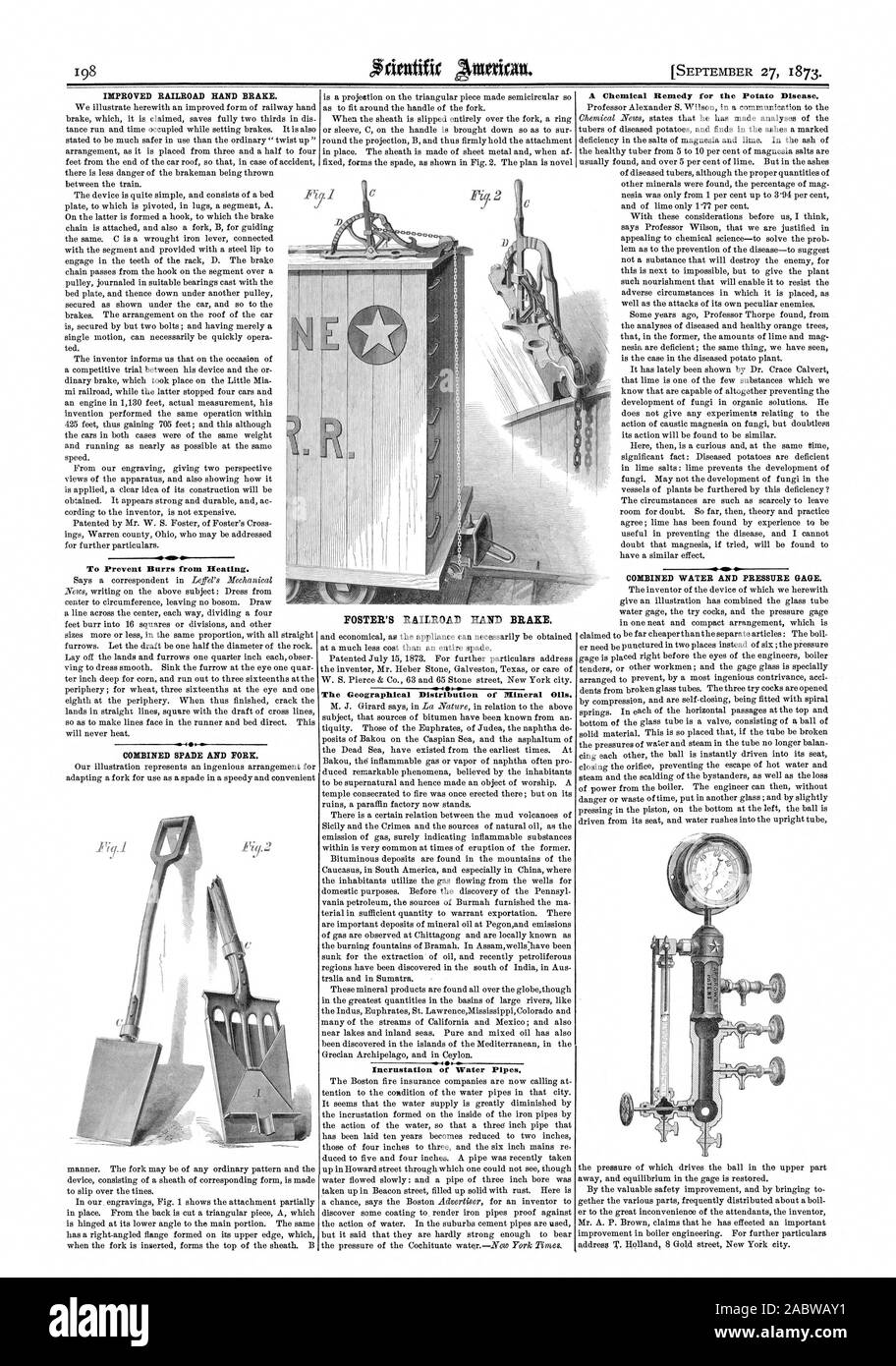 198 VERBESSERTE EISENBAHN HANDBREMSE. Um zu verhindern, dass Grate von der Heizung. Kombinierte Schaufel und Gabel. FOSTER'S RAILROAD HANDBREMSE. 440,0. Die geographische Verteilung der Mineralöle. Verkrustung von Wasserleitungen. Eine chemische Hilfsmittel für die Kartoffel Krankheit. Kombinierte WASSER- UND MANOMETER., Scientific American, 1873-09-27 Stockfoto