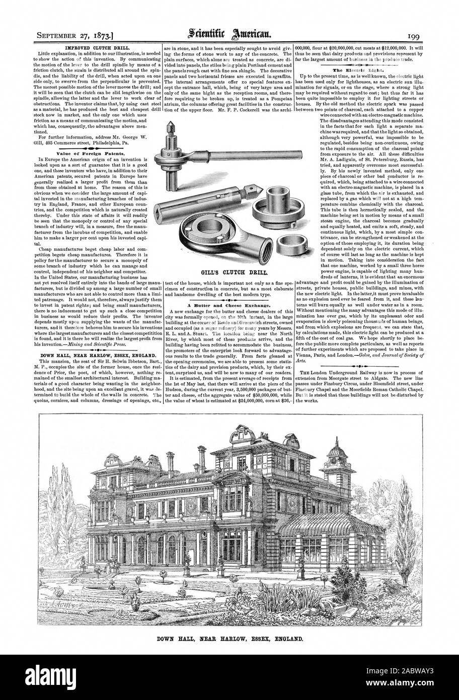 Wert der ausländischen Patenten. Ein Butter und Käse. Das elektrische Licht. GILL'S KUPPLUNG BOHREN. 5 1 v Wenn "DOWN HALL in der Nähe von Harlow ESSEX ENGLAND., Scientific American, 1873-09-27 Stockfoto