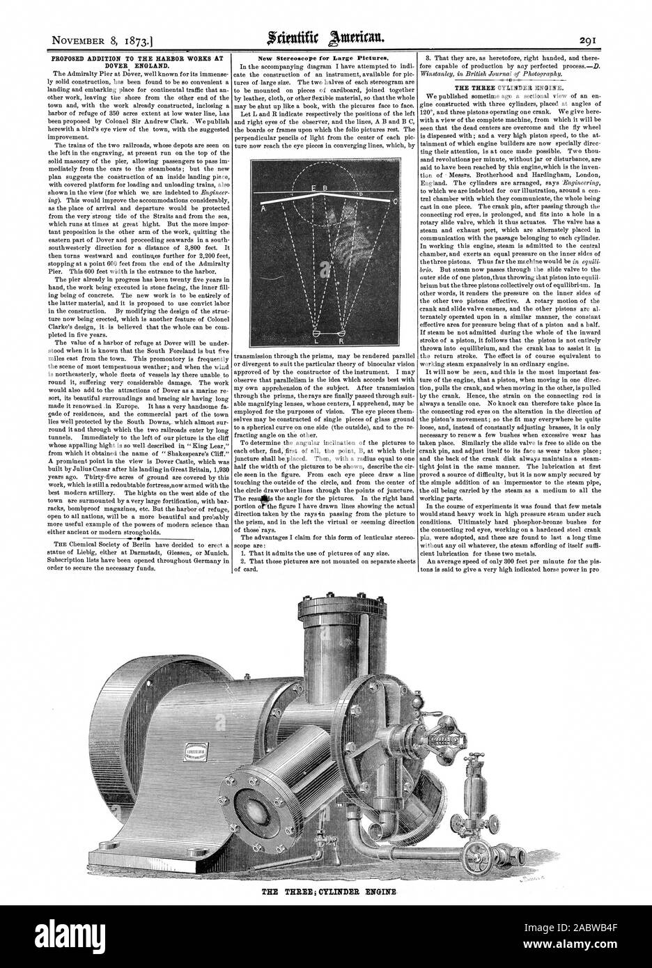 291 VORGESCHLAGENEN ZUSATZ ZUM HAFEN IN DOVER ENGLAND. 41 0. Neue stereoskop für große Bilder. Die drei Zylinder. Die drei j ZYLINDER MOTOR, Scientific American, 1873-11-08 Stockfoto