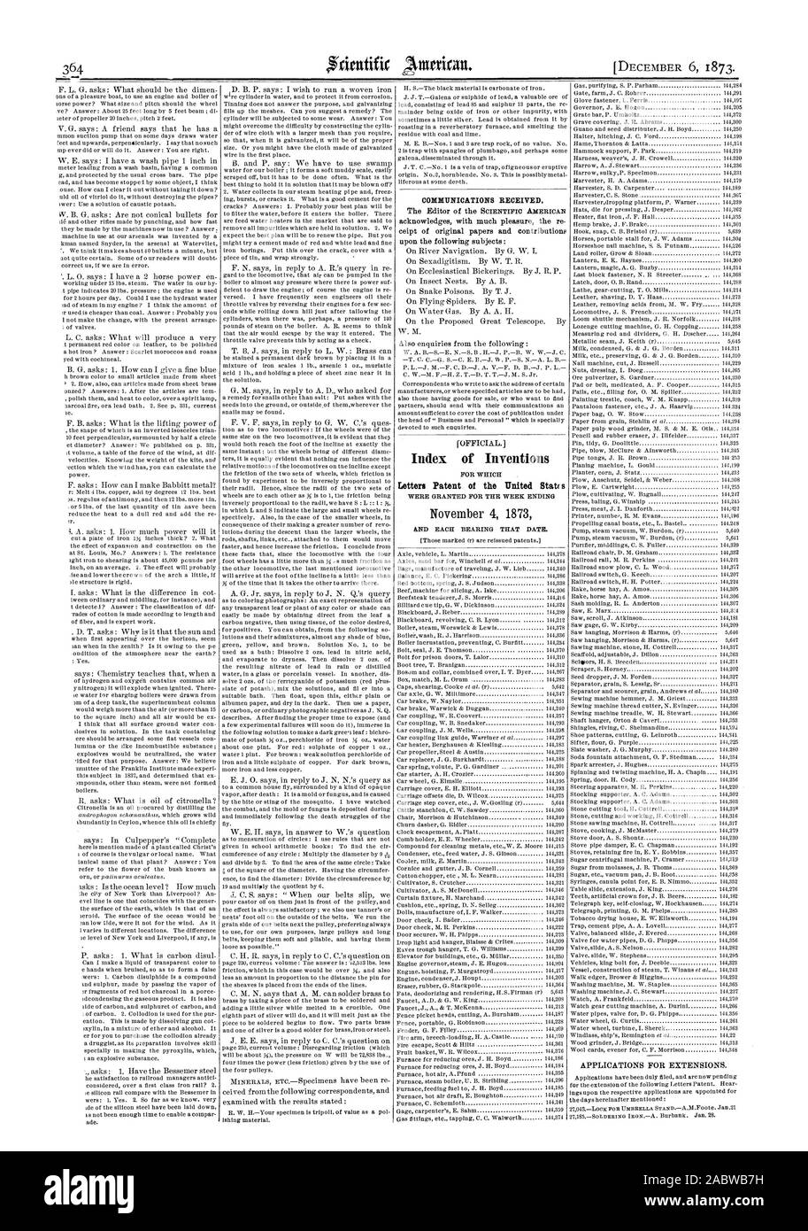 Kommunikation erhalten. Index der Erfindungen, FÜR DIE Patentschriften der Vereinigten Stet (S WURDEN FÜR DIE WOCHE ENDE, Scientific American, 1873-12-06 Stockfoto