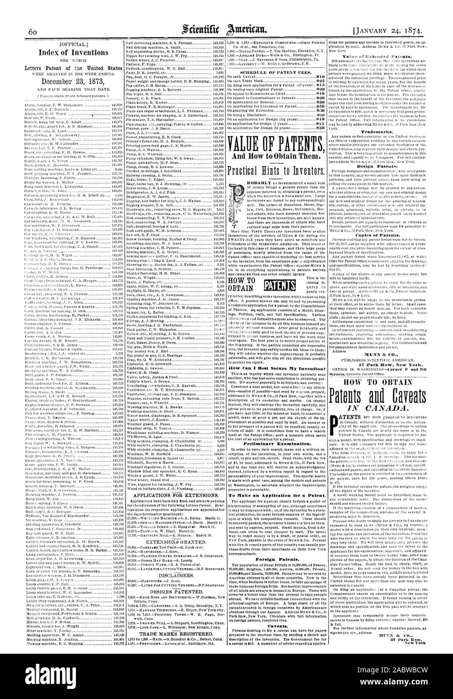 Wie kann ich meine Erfindung am besten sichern? Vorläufige Prüfung. Um eine Anmeldung für ein Patent ausländische Patente machen. Vorbehalte. Wert der Erweiterten Patente. Marken. Geschmacksmuster. Kopien von Patenten. MUNN bei CO.37 Park Row New York., Scientific American, 1874-01-24 Stockfoto