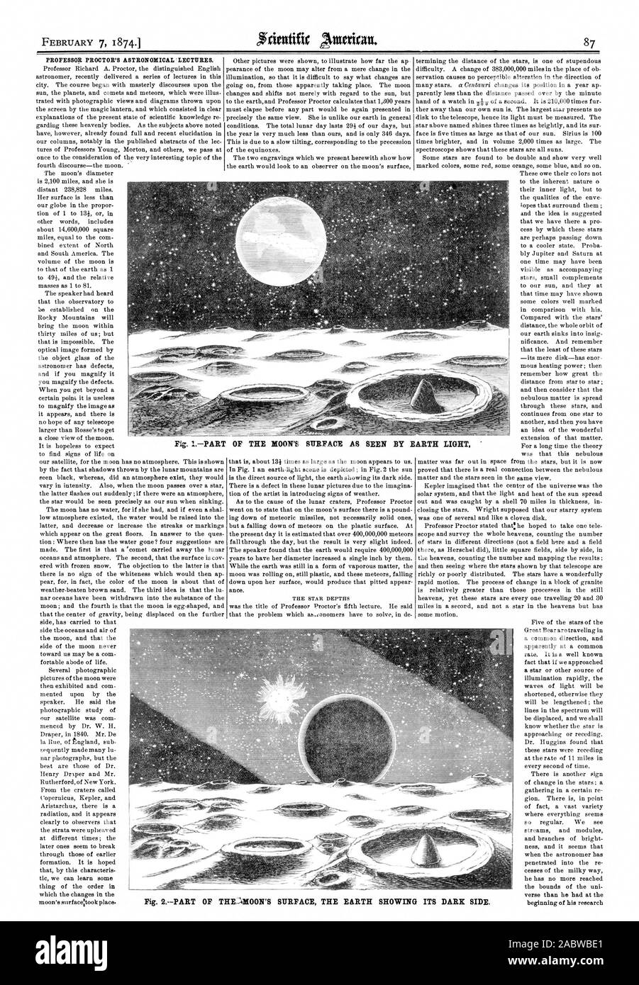 PROFESSOR PROCTOR astronomischen Vorlesungen. Der Stern tiefen Abb. IPART der MONDOBERFLÄCHE wie E ARTH LICHT Abb. 2. - TEIL DES: - der Mond der Erde zeigt seine dunkle Seite., Scientific American, 1874-02-07 Stockfoto