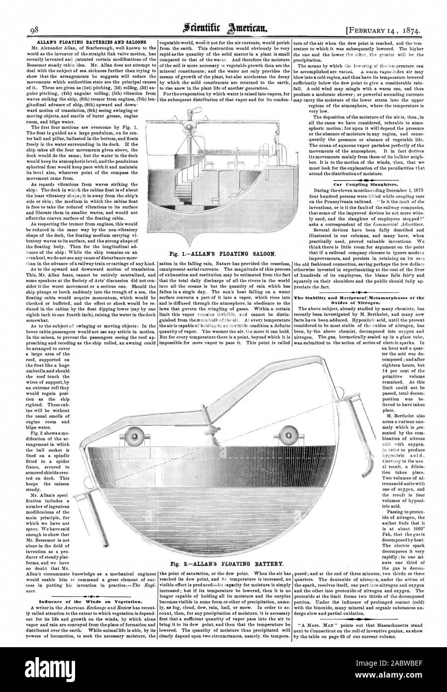 ALLAN'S SCHWIMMENDE BATTERIEN UND Limousinen. 1. 4 Einfluss der Winde auf die Vegetation. Abb. 1 ALLAN'S FLOATING LIMOUSINE. Abb. 2 ALLAN'S SCHWIMMENDE BATTERIE. Auto Kopplung schlachtet. Die Stabilität und auf Gegenseitigkeit: PIetamorphoses der Stickoxide., Scientific American, 1874-02-14 Stockfoto