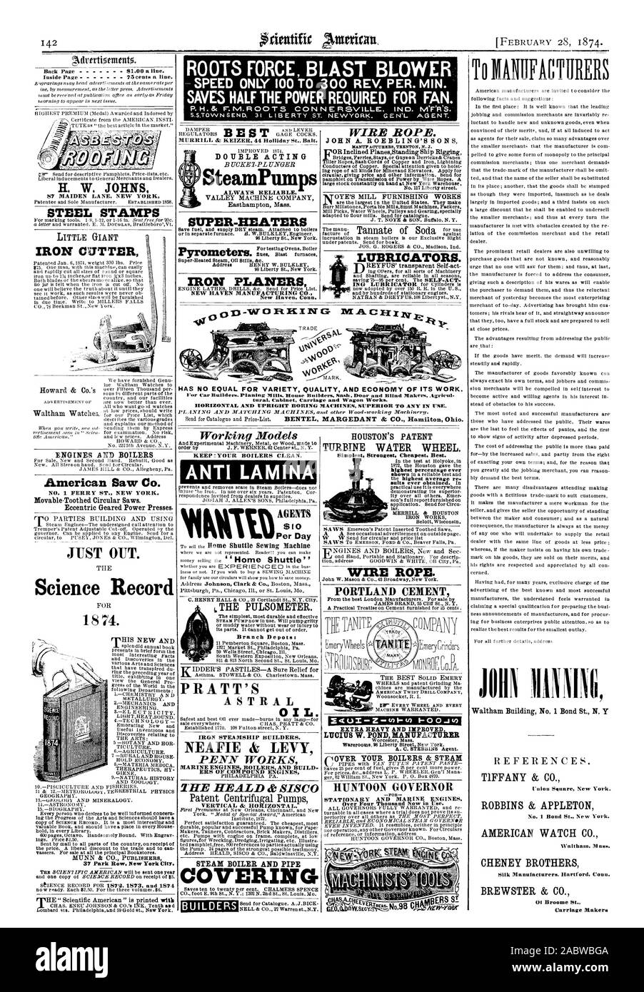 L'ER HEALD & SISC vertikal und horizontal. Dampfkessel und ROHR FÜR BAUHERREN PRATT'S ASTRAL ÖL. IRON STEAMSHIP Bauherren. Halten nihr Kessel reinigen. ANTI LAMINA AGENTEN 10 $ pro Tag der PULSOMETER. Filiale Depots: Z &lt; U 7 Z F-00-I.E.) EXTRA SCHWERE UND EINE BESSERE EUROPAEISCHE LUCIUS W. TEICH HERSTELLER Warerooms 98 Liberty Street New York. Bedecken Sie Ihre Kessel & DAMPF HUNTOON GOUVERNEUR Stationär- und Schiffsmotoren. Drahtseil. PORTLAND CEMENT JOill ich TIFFANY & Co. Union Square in New York. ROBBINS & APPLETON Nr. 1 Bond St. New York. AMERICAN WATCH CO. CHENEY BRÜDER Seide Hersteller Hartford Anschl. BREWSTER & CO.Ot Stockfoto