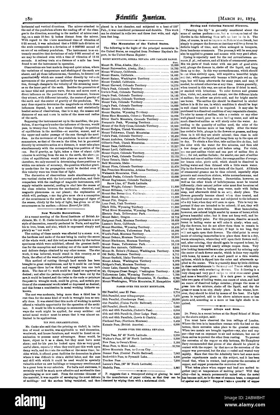 Neue metallische Dekorationen. Die Berge der Vereinigten Staaten. Färben und Färbung natürlichen Blumen. Kupferlegierungen und Erze, Scientific American, 1874-03-21 Stockfoto