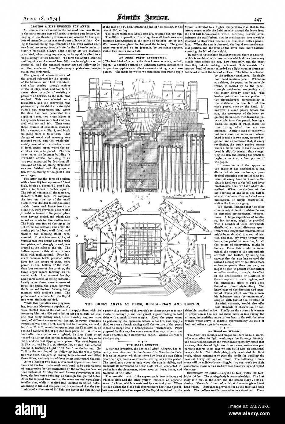 CASTING EINE FÜNFHUNDERT TUN Amboss. Papier transparent zu machen. Die: SOLAR ZÄHLER. Ein Hotel auf Rädern. 2. Ich ci IN DER GROSSEN AMBOSS PERK RUSSLAND - PLAN UND ABSCHNITT. Scientific American, 1874-04-18 Stockfoto