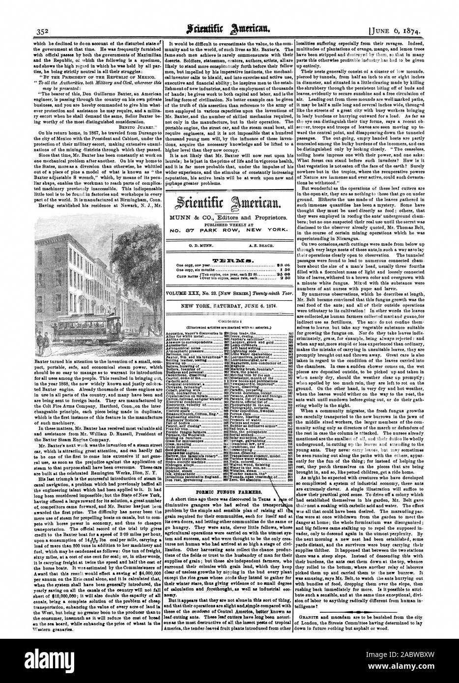 Der PRÄSIDENT DER REPUBLIK VON MEXIKO. BENITO JUAREZ." veröffentlicht wöchentlich an Nr. 87 PARK ROW NEW YORK. 0. D. MUNN. Ein. E. STRAND. PI IVZ. Eine Kopie eines Jahres 3 041 eine Kopie sechs Monate 1 50 Inhalt: (illustrierte Artikel sind mit einem Sternchen markiert.) AMEISENSÄURE PILZ LANDWIRTE. Nomy. Aber es scheint, dass sie nicht allein sind in dieser Art der Sache und', die ihren Betrieb leichte und einfache verglichen mit Blatt-schneiden von Ameisen. Diese blatt Kutter haben lang notori der Akustik Mayer Entdeckungen in 56 Legierung für weißes Metall 1309 Anilin Farben 363 Antworten auf Korrespondenten 862 Aquamarin 883. Stockfoto