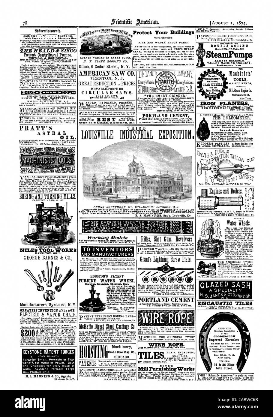 Inside Seite 75 Cents pro Zeile. IHE HEALD & SISCO VERTIKALE dr HORIZONTAL. LUCIUS W. Teich. Hersteller von Worcester PRATT ASTRAL $ AMERICAN SAH CO. Bewegliche - GEZAHNTE CIRCUL AR SÄGEN. Am 1. Juli 1874. MURRILL&K EULER. 44 Holliday St. Ball. Arbeitszeitmodelle zu ERFINDER UND HERSTELLER HOUSTON'S PATENT TURBINE WASSERRAD 1812 die Houston gab den höchsten Prozentsatz je Salze immer gewonnen. In der höchsten averag 9 rt. beweist seine überlegene Anwendung. Sendfor Giros.tar. IRON WORKS 0 istin Kran Bros. M. Co. in Chicago. PORTLAND CEMENT, Seil. Fliesen PLAIN ENCAUSTIC MAJOLIKA. N 0 Y B Mühle Stockfoto