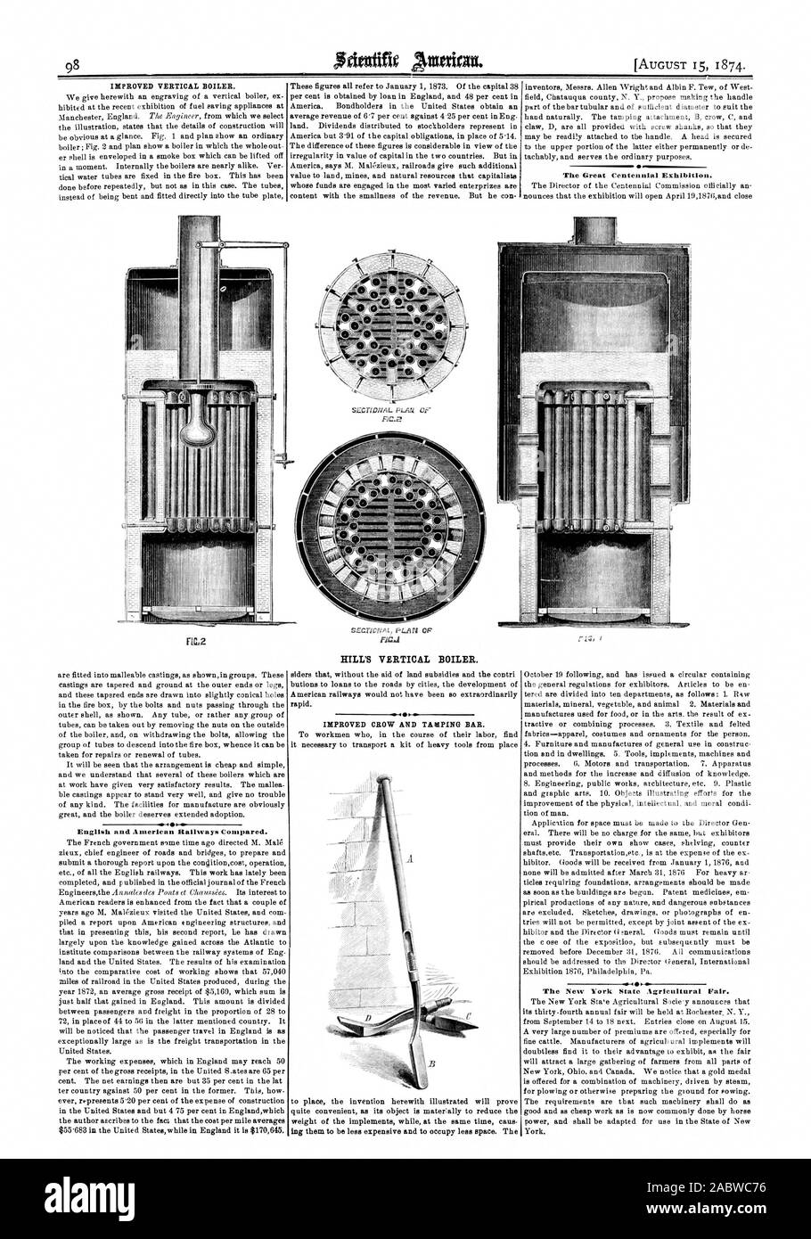 Die große Centennial Exhibition. Englische und Amerikanische Eisenbahnen verglichen. HILL'S VERTIKALE KESSEL. Sol. Der Staat New York Landwirtschaftsmesse., Scientific American, 1874-08-15 Stockfoto