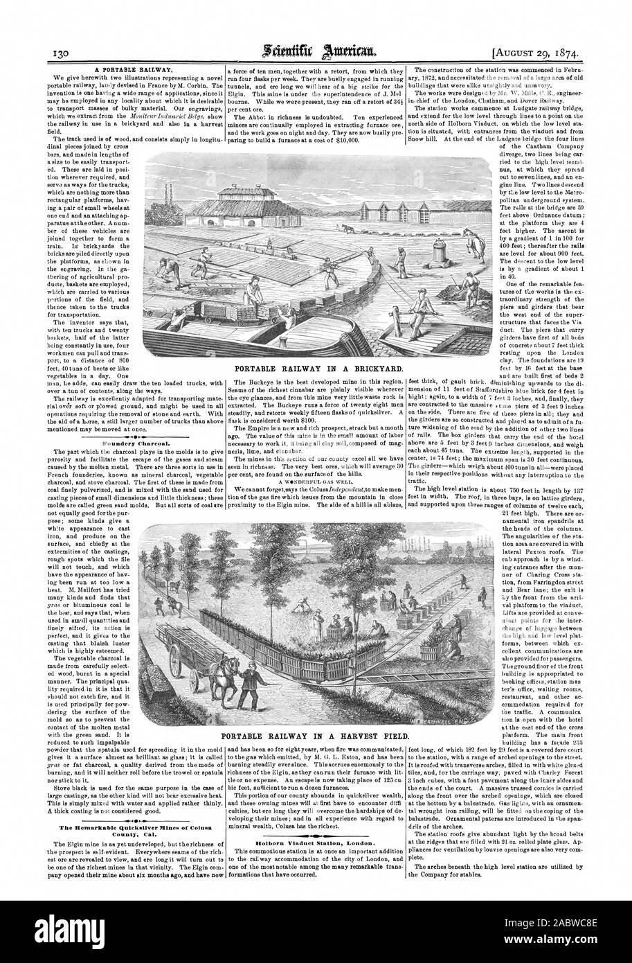 Ein tragbares Eisenbahn Foundery Holzkohle. Die bemerkenswerte Quicksilver Minen von Colusa County Cal. Tragbare EISENBAHN IN eine Ziegelei. Viadukt Bahnhof Holborn London. Formationen, die aufgetreten sind. Tragbare EISENBAHN IN EINEM ERNTEFELD., Scientific American, 1874-08-29 Stockfoto