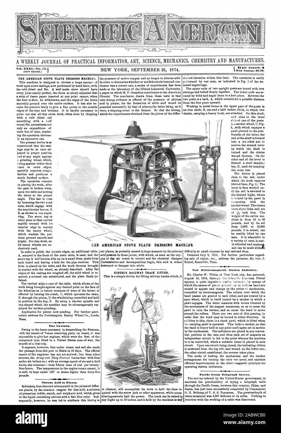 L mit Porto. $ 3.20. Vol.XXXINo. 13.1 (NEUE SERIE. j der Hampton. Salpetrige Säure in Pflanzen. 161 KINZEL die BAHNSTRECKE LIFTER. Neuen elektromagnetischen Station Indikator. Pazifik Telegraph Survey. Die AMERIKANISCHE HERD PLATTE DRESSING MASCHINE. Die AMERIKANISCHE HERD PLATTE DRESSING MAC HINE., Scientific American, 1874-09-26 Stockfoto