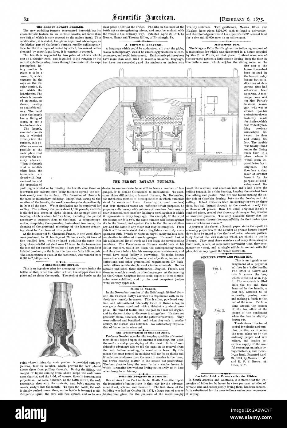 Die PRO NICHT ROTIERENDEN PUDDLER. Silica in Krebs. Die Erhaltung von geräuchertem Fleisch. Der wissenschaftliche Fortschritt in Australien. Karbolsäure ein Konservierungsmittel für versteckt. Kombinierte MESSER UND PFEFFER BOX., Scientific American, 1875-02-06 Stockfoto