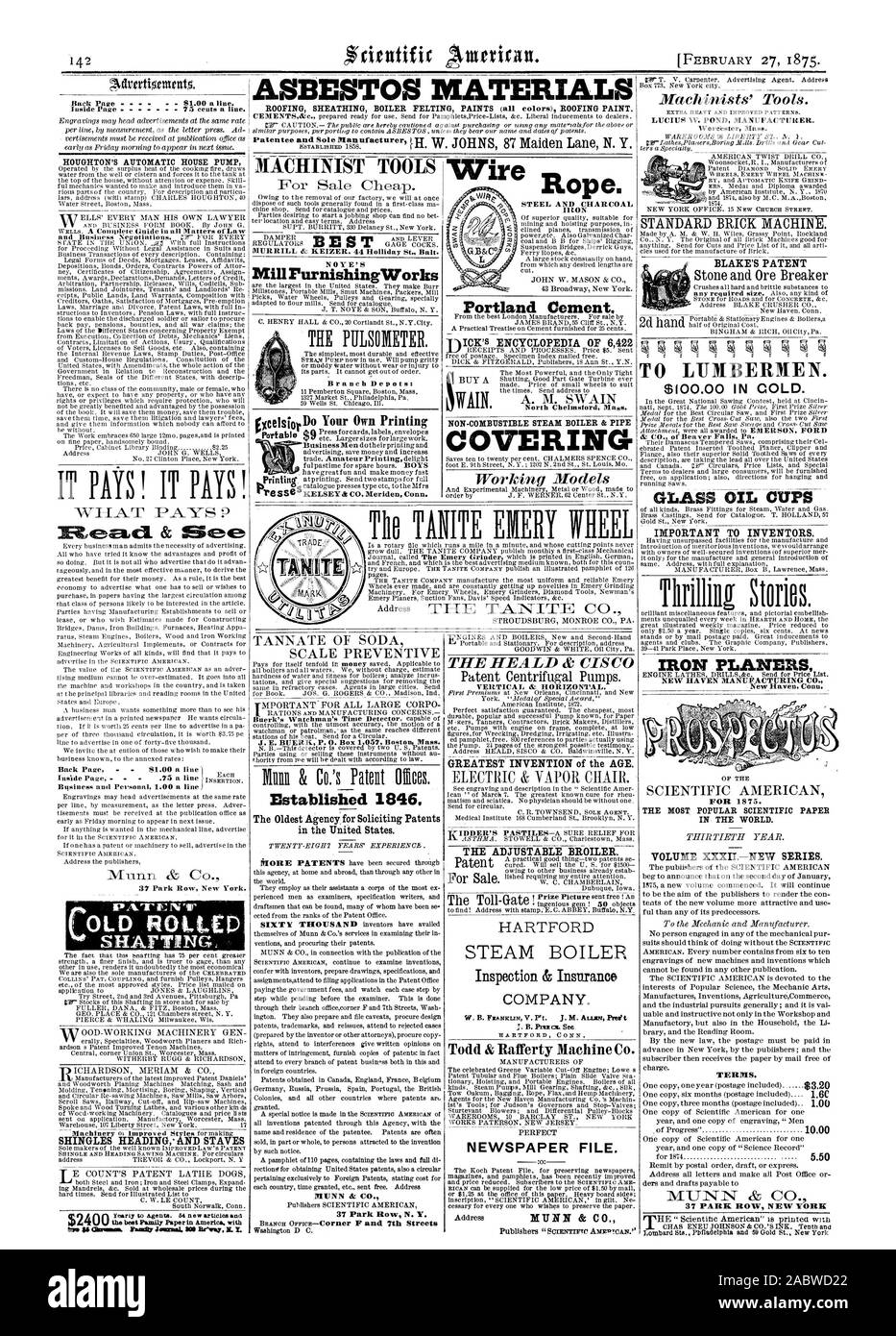 Asbest MATERIA ROOFING UMMANTELUNG KESSEL FILZEN FARBEN (alle Farben) Dach- malen. ACHINIST TOOLS NOYE; s Mühle PurnishzngWorks Gegründet 1846 Die älteste Agentur für Werbung Patente in den Vereinigten Staaten. Portland Zement. ICK der Enzyklopädie von 6422 nicht-brennbaren DAMPFKESSEL UND ROHRE FÜR DEN HEALD So CIS C vertikal und horizontal. Größte Erfindung des Zeitalters. Der VERSTELLBARE BROILER. STEAM BOILER Inspection & Insurance Company. 5. B. Amax siehe Hartford, Conn. Zeitung Datei. Adresse BLAKE'S PATENT AUF die Holzfäller. 100,00 $ in Kälte. Band der Serie XXXIINEW. Kostenlos. Begriffe. Houghtons AUTOMATISCHE Stockfoto
