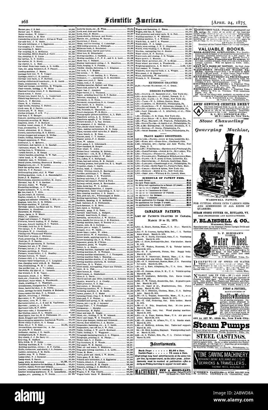 DESIGNS patentiert. Marken eingetragen. Zeitplan der PATENTGEBÜHREN. Kanadische Patente. Liste 01! Patente gewährt DT KANADA Zurück Seite 81.00 eine Linie. Inside Seite 75 Cents pro Zeile. Maschinen - neu und aus zweiter Hand. Wertvolle Bücher. Metalle: ihre Eigenschaften und Tr Atment. Von WAGGENER LÖHNE TA HAND-BUCH DER CHEMISCHEN TECHNOLOGIE COQ 'echte CHESTER EMERY E. V. HAUGH" WOUT az.26 Beekman St. New York. Stein Channeling oder Gewinnung von Steinen und Erden Maschine WARDWELL PATENT STEINBRÜCHE. STEAK STONE CUTTER CO Rutland, VT. Stahlguss TON SÄGEN MASCHINEN. N. F. BURNHAMS Wasserrad. Es ZUERST ERYIBIL MANFFACTLMERS Stockfoto