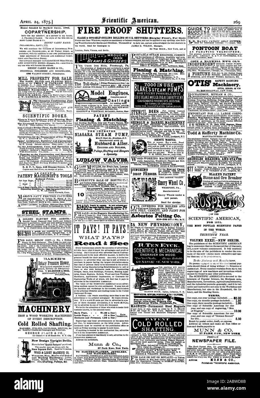 Mühle IMMOBILIEN ZUM VERKAUF. Wissenschaftliche Bücher. Gussteile PATENT DIE VERBESSERTE NIAGARA STEAM PUMPE Hubbard & Allen LUDLOW VENTILE. tm. MA 43 1 lammewl SIM-VIP-Zuvorzukommen. AL ES LOHNT SICH! Es lohnt sich! Munn SD Co. elektro. PLATERSJEWELERS und Uhrmacher. Di 7.000 IM EINSATZ." MACHEN SIE DAMPF PUM SCHINDEL & BARREL DLACliiNERY Agenten wollten. Unsere DECKUNG FÜR KESSEL und Asbest Filzen Co 9 und Revolver funktioniert. Pittaborttk. Pa. PONTOON BOOT SICHERHEIT HEBEZEUGE Maschinen. OTIS BROS. di C SCHINDELN RUBRIK UND STANGEN, SCIENTIFIC AMERICAN FÜR 1875 DER HOST POPULÄRE WISSENSCHAFTLICHE PAPIER IN DER WELT. TERRA. MUNN SV CO ZEITUNG DATEI Stockfoto