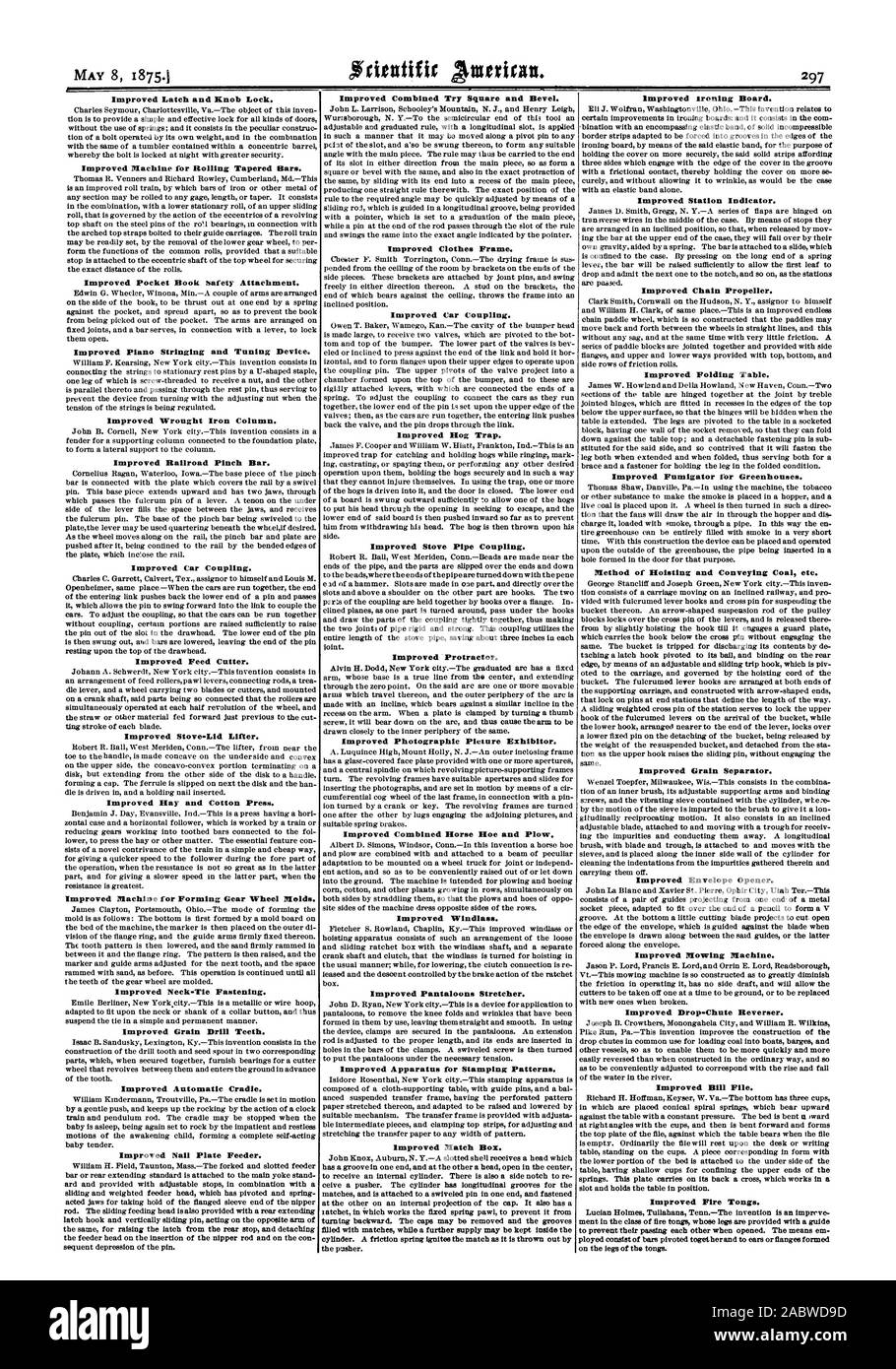 Verbesserte Kleidung Rahmen. Verbesserte Auto Kupplung. Verbesserte Hog-Trap. Verbesserte Herd Rohrkupplung. Verbesserte Winkelmesser. Fotografische Bild Aussteller verbessert. Verbesserte Schaden-kosten-Pferd Hacke und Pflug. Verbesserte Ankerwinsch. Verbesserte Hosen trage. Verbesserte Geräte zum Bestempeln von Mustern. Verbesserte übereinstimmen. Verbesserte Bügelbrett. Verbesserte Station Indikator. Verbesserte Kette Propeller. Verbesserte Klapptisch. Verbesserte Fumigator für Gewächshäuser. Methode der Hebe- und Fördertechnik Kohle etc. Verbesserte Dreschwerk. Verbesserte Kuvertöffners. Verbesserte Mähmaschine. Verbesserte Drop-Chute Reversierer Stockfoto