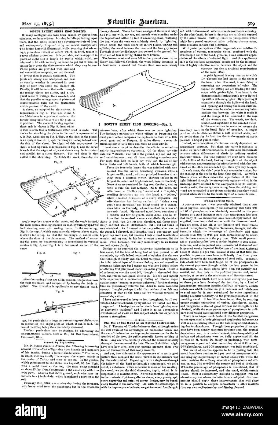MOTT'S PATENT EISENBLECH HOOFING. 4 angeschlagen durch Blitz. Phosphureted Stahl. ; SCOTT'S BLECH DACH.-Abb. I. Die Verwendung des Eland als optisches Instrument., Scientific American, 1875-05-15 Stockfoto