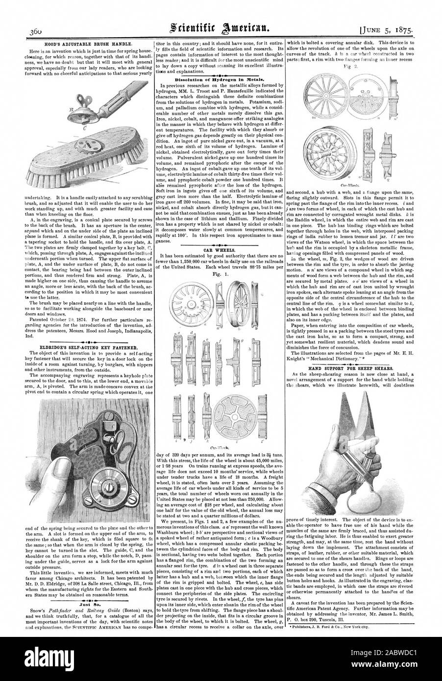 ELDRIDGE'S SELF-ACTING BEY REISSVERSCHLUSS. Nur... 4-010 Auflösung von Wasserstoff in Metallen. Auto Räder. HAND UNTERSTÜTZUNG FÜR Schafe scheren., Scientific American, 1875-06-05 Stockfoto