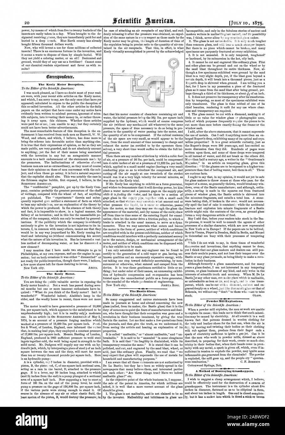 Die Keely Motor Täuschung. Die Keely Motor. IAA die Bastie Glas. Pulver Mühle Explosionen. Eine Methode der Zerstörung Heuschrecken., Scientific American, 1875-07-10 Stockfoto