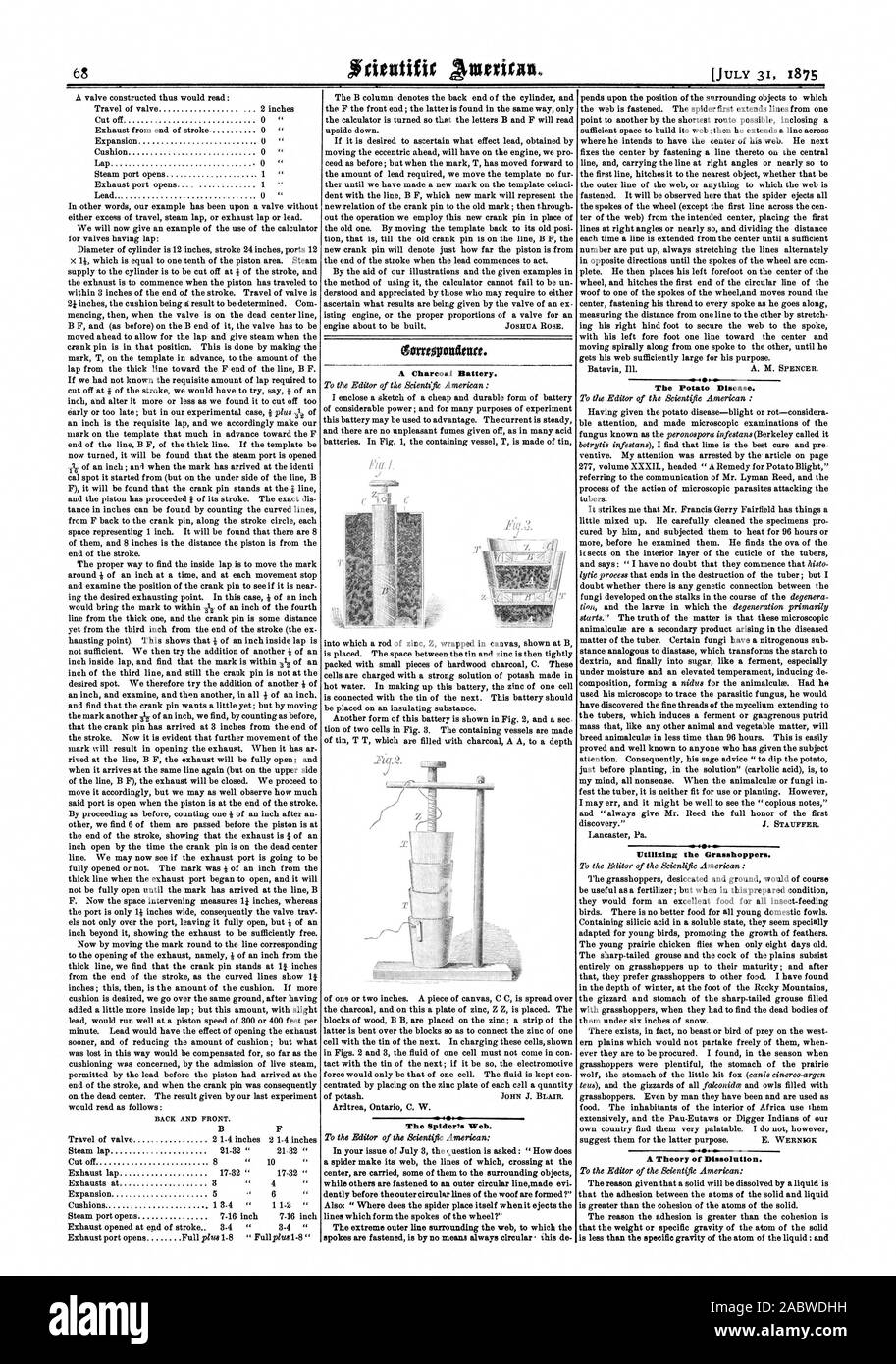 Eine Kohle Batterie. Das Spinnennetz. Die Kartoffel Krankheit. Die Nutzung der Heuschrecken. Eine Theorie der Auflösung., Scientific American, 1875-07-31 Stockfoto