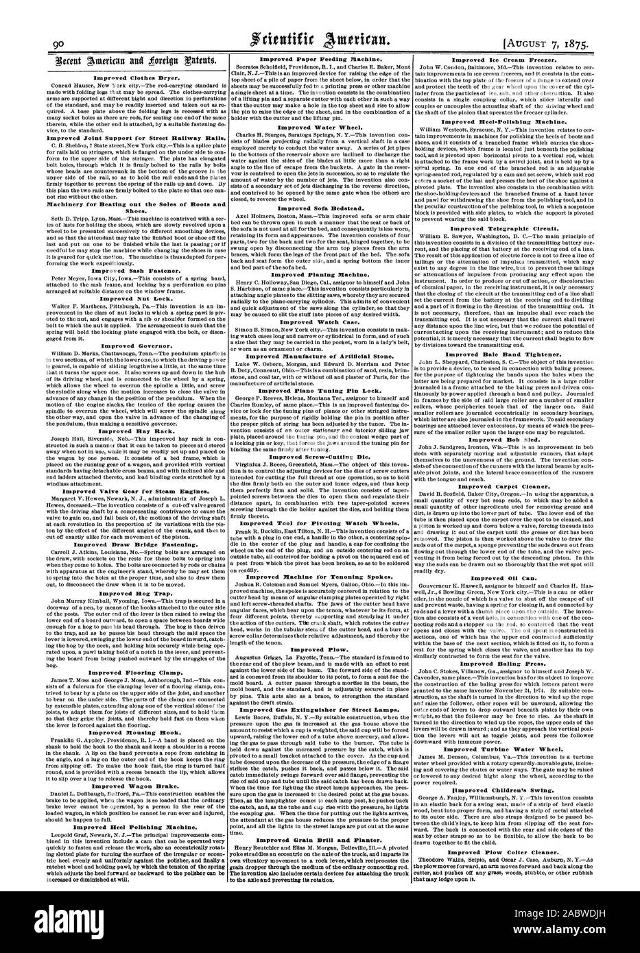 Verbesserte Wäschetrockner. Verbesserte gemeinsame Unterstützung von Straße Flur bürgt. Maschinen für heraus schlagen die Sohlen Stiefel und Schuhe. Verbesserte Flügel Reißverschluss. Verbesserte Sicherungsmutter. Verbesserte Gouverneur. Verbesserte Heu Hack. Verbesserte Ventilsteuerung für Dampfmaschinen. Verbesserte Zugbrücke Befestigung. Verbesserte Hog-Trap. Verbesserte Bodenbeläge Schelle. Verbesserte Mousing Haken. Verbesserte Wagen Bremse. Verbesserte Ferse Poliermaschine. Verbesserte Papierzufuhr Maschine. Verbesserte Wasserrad. Verbesserte Schlafsofa Bettgestell. Verbesserte Hobelmaschine. Verbesserte Uhrengehäuse. Verbesserte Herstellung von Kunststein. Verbesserte Klavierstimmen Pin Lock Stockfoto