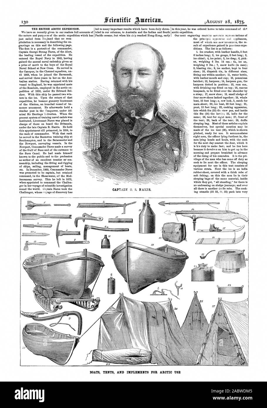 Die britische Arktis Expedition. CAPTAIN G. S. NARES. Boote ZELTE UND implementiert für arktische verwenden, Scientific American, 1875-08-28 Stockfoto