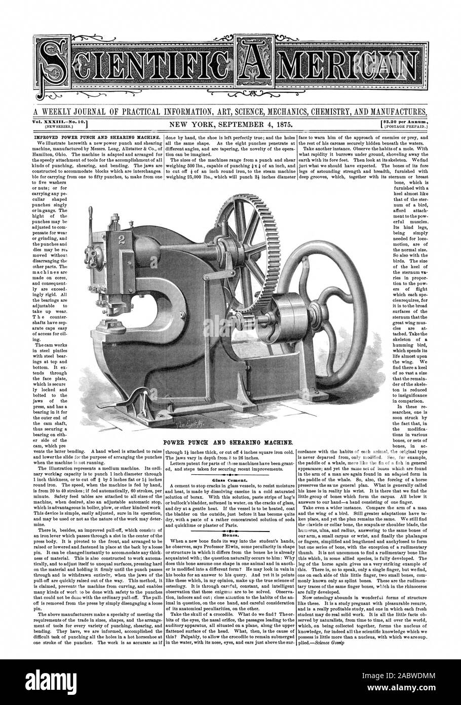 Eine wöchentliche Zeitschrift für PRAKTISCHE INFORMATIONEN KUNST WISSENSCHAFT MECHANIK CHEMIE UND PRODUZIERT. Vol.XXXIIINo. 101 F $ 3.20 pro Jahr verbessert POWER PUNCH UND SCHERMASCHINE. POWER PUNCH UND SCHERMASCHINE. Glas, Zement. Knochen., Scientific American, 1875-09-04 Stockfoto