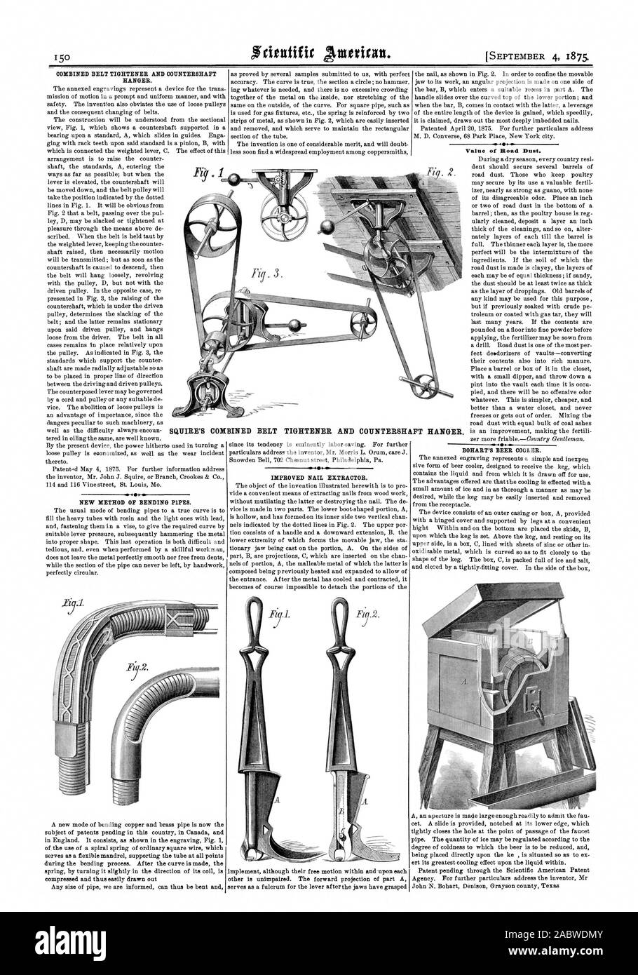 Kombiniert ist, RIEMENSPANNER UND NEBENWELLE AUFHÄNGEVORRICHTUNG. Neue METHODE DER Biegen von Rohren. Verbesserte NAGEL EXTRACTOR. Wert von Straßenstaub. BOHART'S BIER KÜHLER. Der SQUIRE CONBINED RIEMENSPANNER UND NEBENWELLE AUFHÄNGEVORRICHTUNG., Scientific American, 1875-09-04 Stockfoto