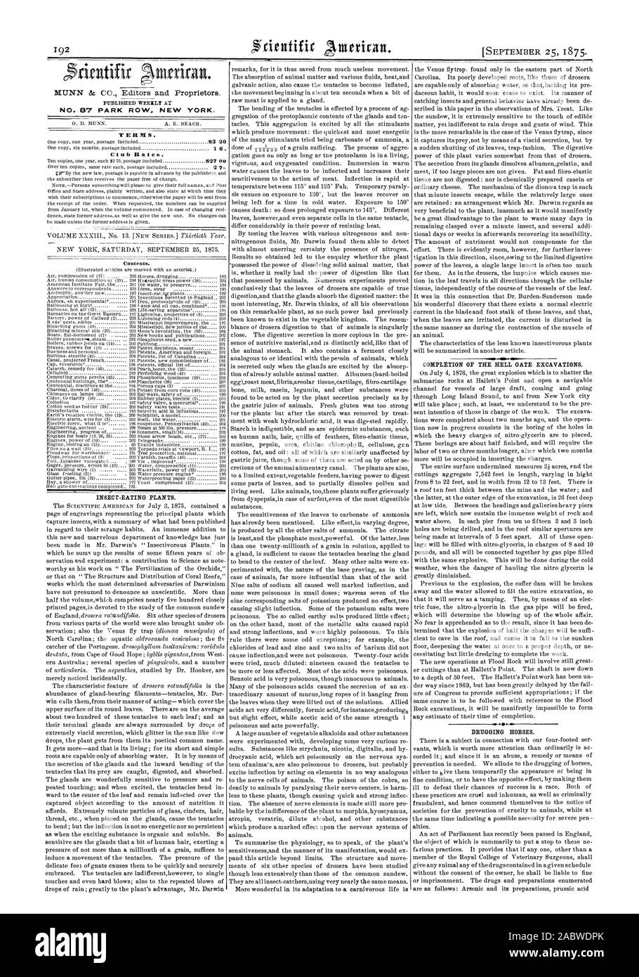 Nr. 87 PARK ROW NEW YORK. 53 20 1 6 Club Preise. 527 00 2 7. Insektenfressende Pflanzen. Inhalt. Abschluss DER HÖLLE TOR Ausgrabungen. Droge Pferde., Scientific American, 1875-09-25 Stockfoto