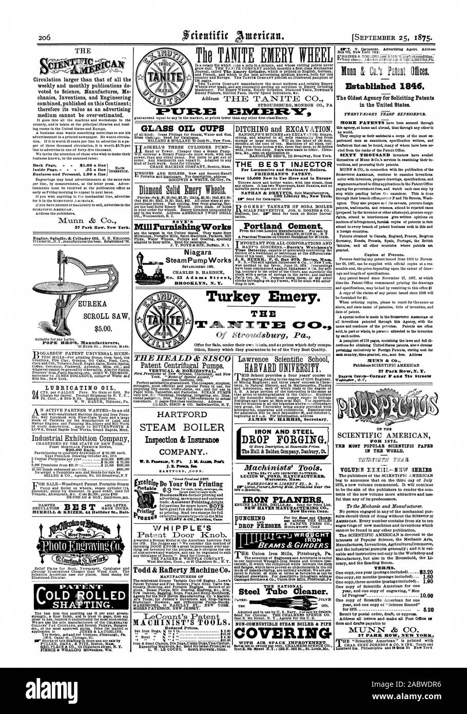 Gegründet 1846. Glas Öl tassen Hartford Steam Boiler Inspection & Insurance nicht Ihr eigenes Drucken WH ICH PPL-E IST DIE BESTE EINSPRITZDÜSE Portland Cement James W. HARRIS Sekretärin. Eisen und Stahl GESENKSCHMIEDEN. Worcester, Mass. Bügeleisen PLANER N NEW HAVEN MAUFACTRING CO. nicht-brennbaren Dampf KESSEL & ROHR FÜR MUNN dr.37 Park Row N.Y. weehiinetr U.C. Für 1875. Die populärsten wissenschaftlichen PAPIER IN DER WELT. TERITIS. HOYE's Mill Einrichtung arbeitet Niagara Nr. 23 Adams Street M PAPST BELO. anufacturers TG ALT GEROLLT SHAFTING., Scientific American, 1875-09-25 Stockfoto