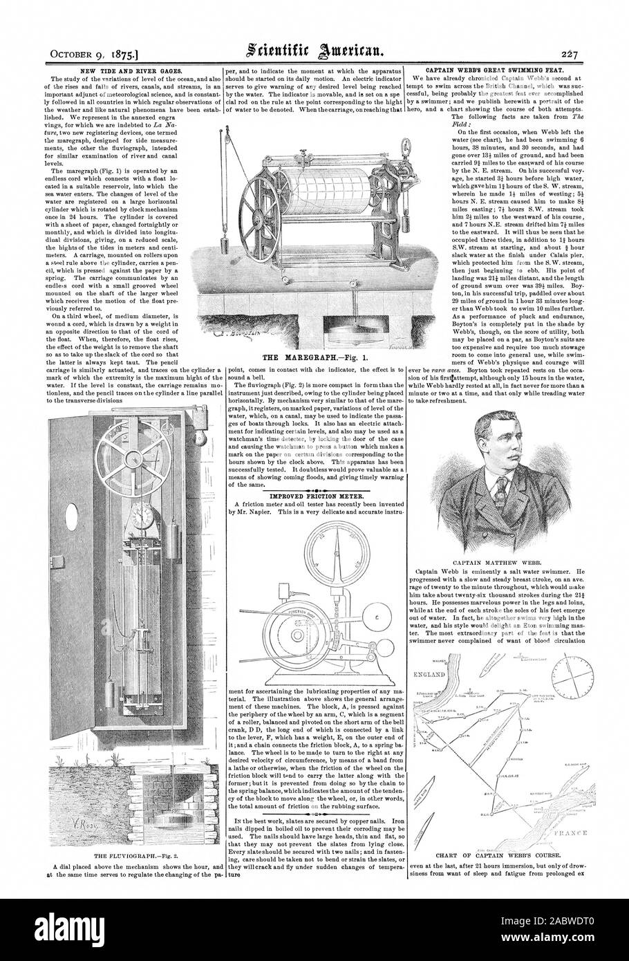 NEW TIDE und den Fluss. Verbesserte REIBUNG ME TER. Kapitän WEBB'S SCHWIMMEN FEAT., Scientific American, 1875-10-09 Stockfoto
