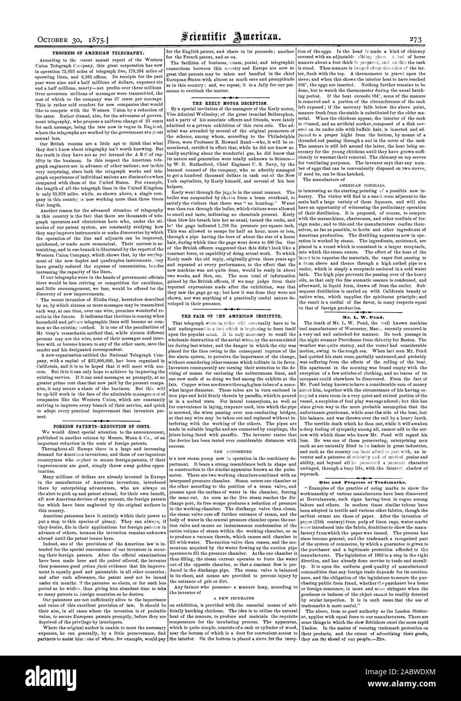 Fortschritte der amerikanischen Telegrafie. Ausländische PATENTE - SENKUNG DER KOSTEN. Herr L. W. Teich. Aufstieg und Fortschritt der Marken. Die REELY MOTOR Täuschung. Die MESSE DES AMERIKANISCHEN INSTITUTS., Scientific American, 1875-10-30 Stockfoto