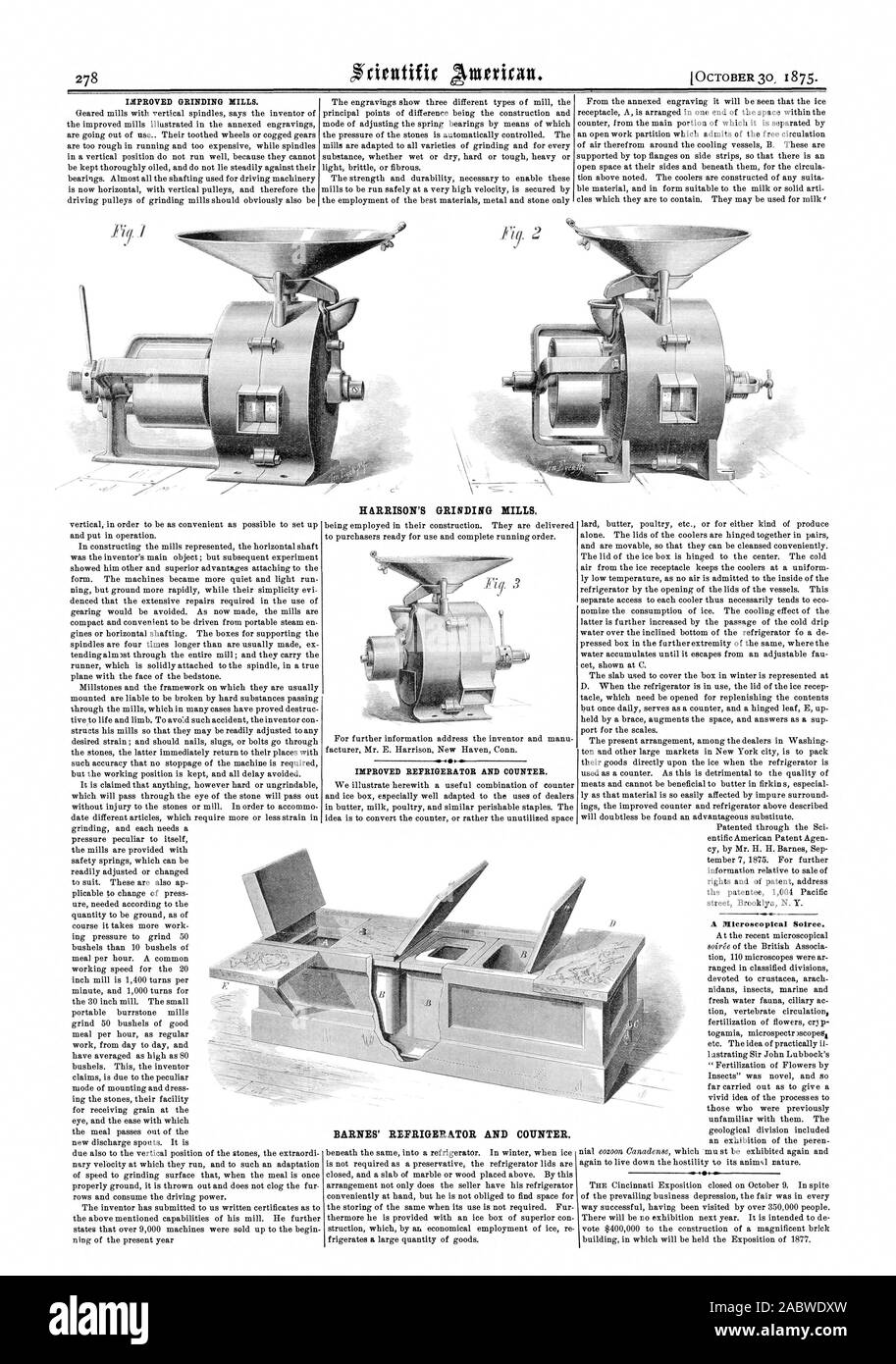 Verbesserte MÜHLEN. HARRISON'S MÜHLEN. Verbesserte KÜHLSCHRANK UND COUNTER. BARNES' KÜHLSCHRANK UND COUNTER., Scientific American, 1875-10-30 Stockfoto