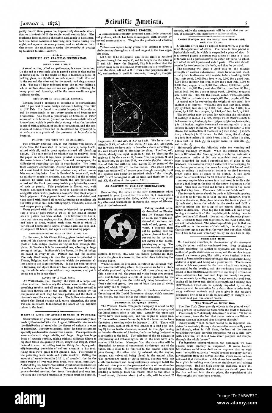 Wissenschaftliche und praktische Informationen. . Wo für Arsen in Fälle von Vergiftungen. Ein geometrisches Problem. Zusätzlich ZU DEN NEUEN CHROSIATROPE. Pneumatische Telegraph Rohre. Nützliche Rezepte für den Shop Haushalt. und der Farm. 4 Kurzfassung Bier., Scientific American, 1876-01-01 Stockfoto