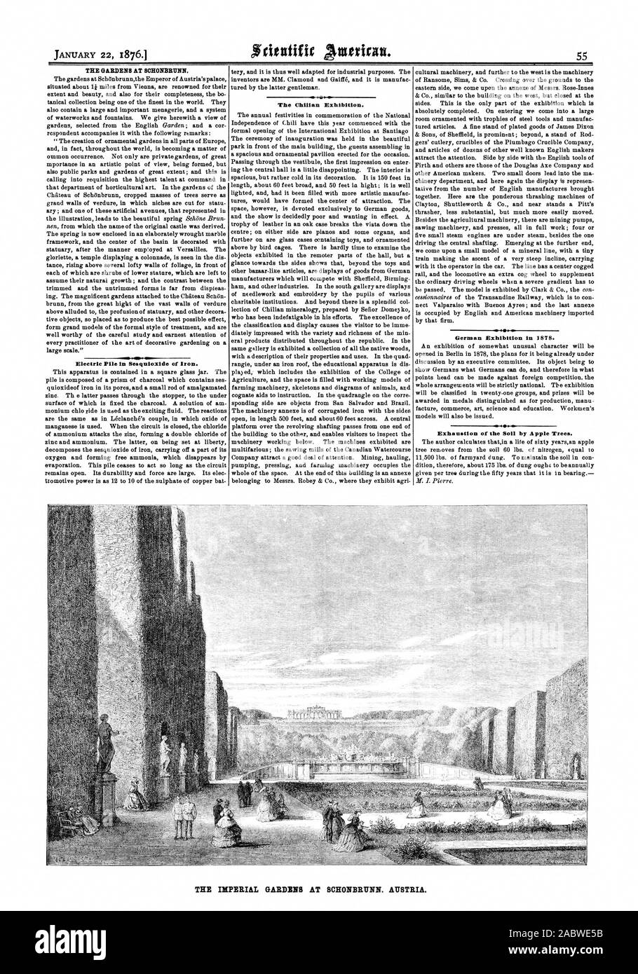 Die Gärten von Schloss Schönbrunn. Elektrische Stapel in sesquioxide von Eisen. Die Chilian Ausstellung. Deutsche Messe in 1878. Erschöpfung des Bodens durch Apfelbäume. Die kaiserlichen Gärten von Schloss Schönbrunn. Österreich., Scientific American, 1876-01-22 Stockfoto