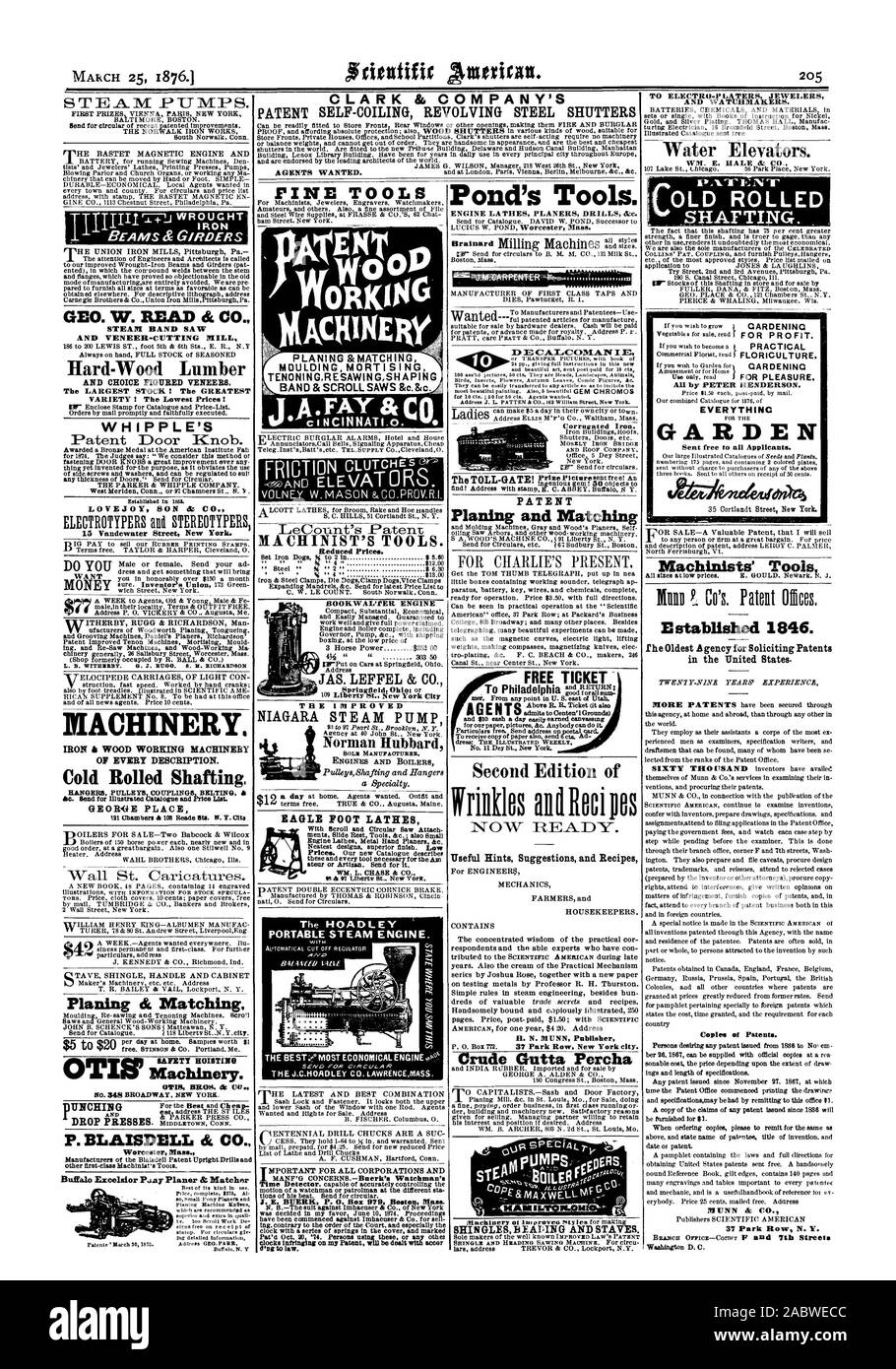 $ 252 00 DIE VERBESSERTE NIAGARA STEAM PUMPE EINZIGER HERSTELLER Zweite Ausgabe der kostenlose Eintrittskarte für Oenten' ich Gründen zuläßt) und 510 sash am Tag leicht eamed Kundenwerbung Wellblech. MOSELY IRON BRIDGE PATENT Hobeln und passende 10&lt;'ir ALTEN SHAFTING gerollt. Praktisch alle von Peter Henderson. Alles Garten versendet sich an alle Bewerber. CLARK & COMPANY'S PATENT SELF-COILING REVOLVIERENDEN STAHL FENSTERLÄDEN, Scientific American, 1876-03-25 Stockfoto