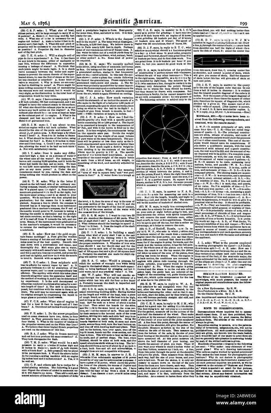 Über das genaue Gewicht des leeren Flasche besteht aus ein bisschen Messing ein altes Gewicht oder etwas in der Art gemacht und sorgfältig von der Einreichung eingestellt. (56) J. S. M. fragt: Was ist der Sinn Meter in Fuß?" A. Wenn fliesst das Wasser in der Wanne an, Scientific American, 1876-05-06 Stockfoto