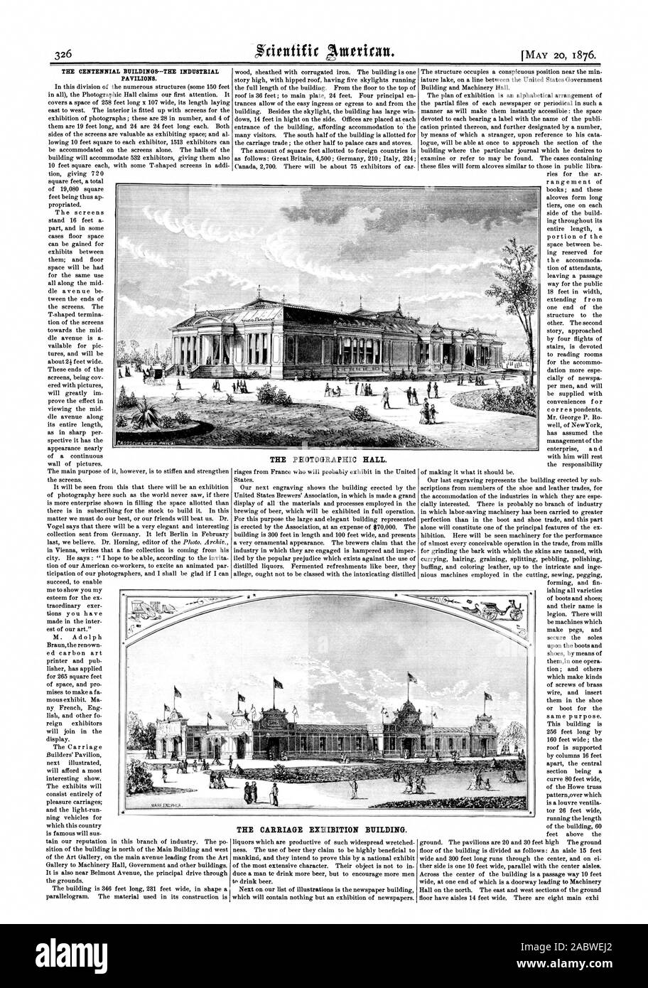 Das hundertjährige Gebäude - DIE INDUSTRIELLE Pavillons. Die fotografische Halle. Der Schlitten AUSSTELLUNGSGEBÄUDE., Scientific American, 1876-05-20 Stockfoto