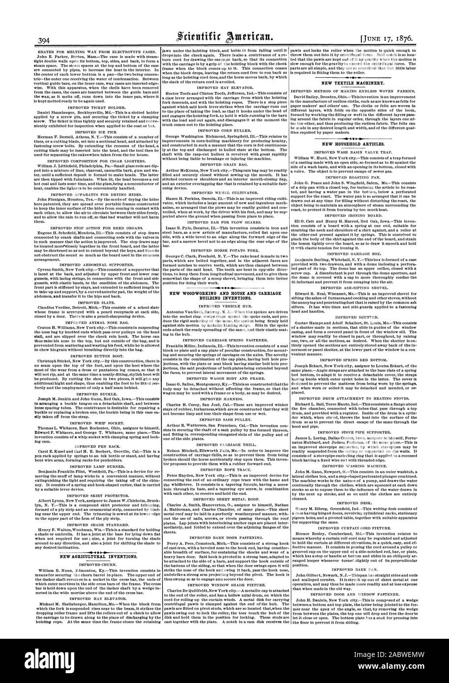 Vit neue landwirtschaftliche landwirtschaftliche Erfindungen. Neue HOLZBEARBEITUNG UND HAUS- UND WAGENBAU ERFINDUNGEN. Neue Maschinen für die Textilindustrie. Neue HAUSHALTSWAREN., Scientific American, 1876-06-11 Stockfoto